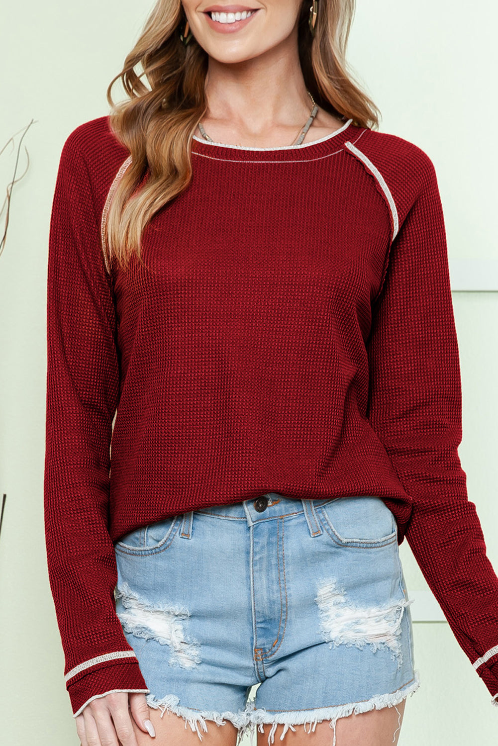 Red Exposed Seam Textured Pullover Long Sleeve Top Red 95%Polyester+5%Elastane 4b9be21e316e7787