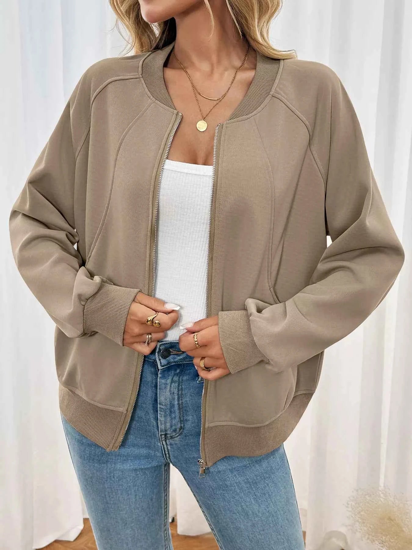Zip Up Raglan Sleeve Jacket Khaki 4c9dd782a229438abd437ecfcd059f64-Max-Origin