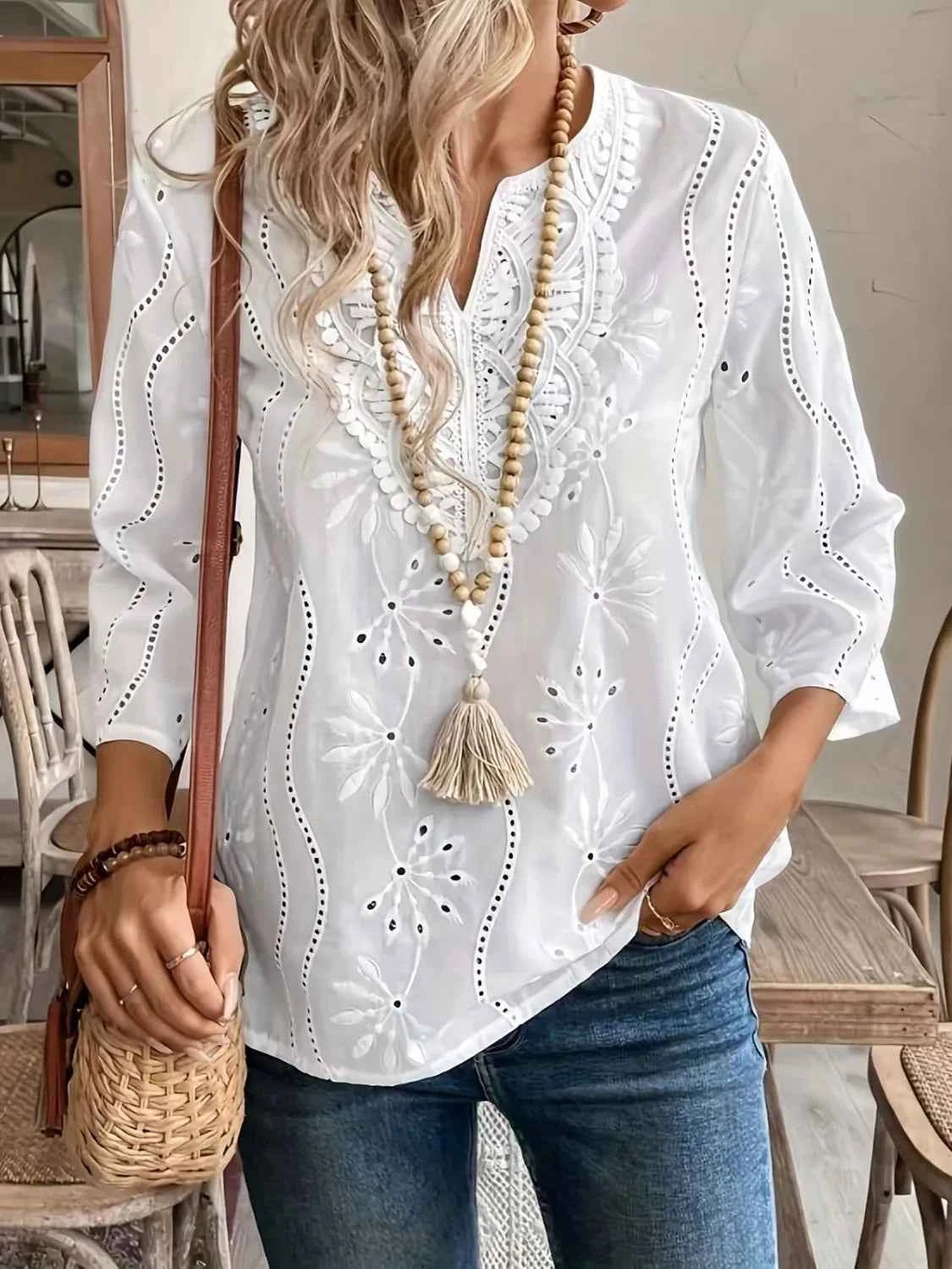 Eyelet Notched 3/4 Sleeve Blouse White 4cd85ef8-14a7-414d-9d3d-ee49f1a74c4e-Max-Origin