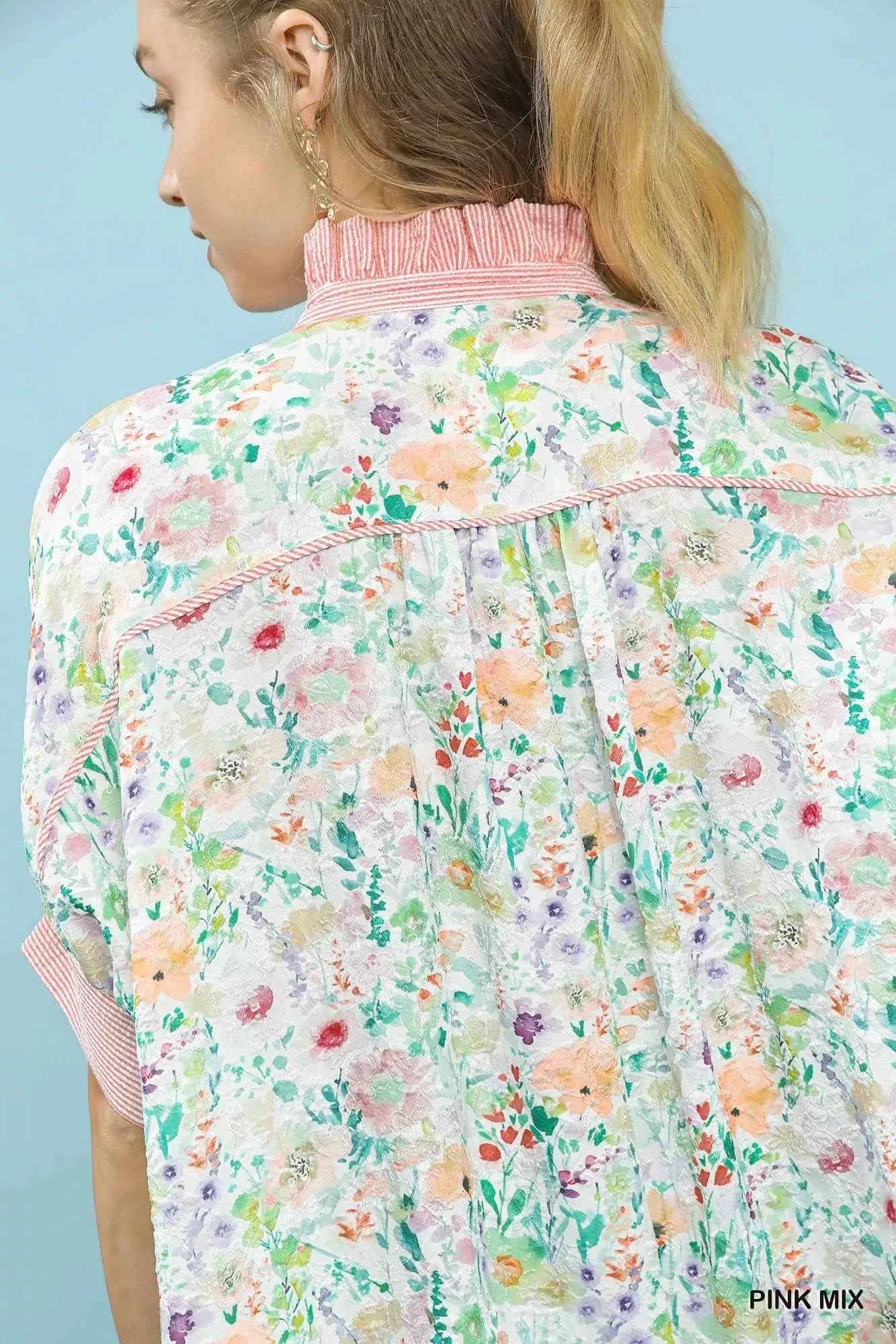 Umgee Jacquard Floral Print Button-Down Shirt
