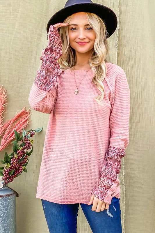 And The Why Button Detail Printed Sleeve Waffle Knit Top 4daeecb843404296b79fec3004b9ca74-Max-Origin