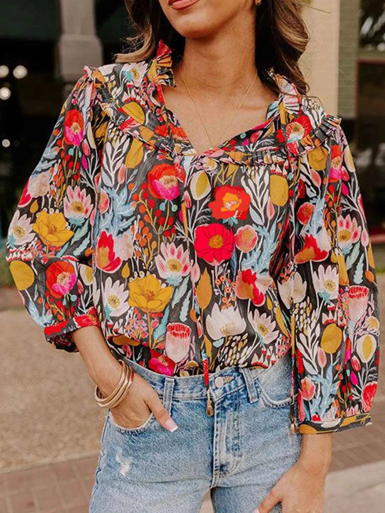 Floral 3/4 Puff Sleeve Tied Neck Blouse Floral 4dfda43eefa54727aee326179f6e909b-Max-Origin