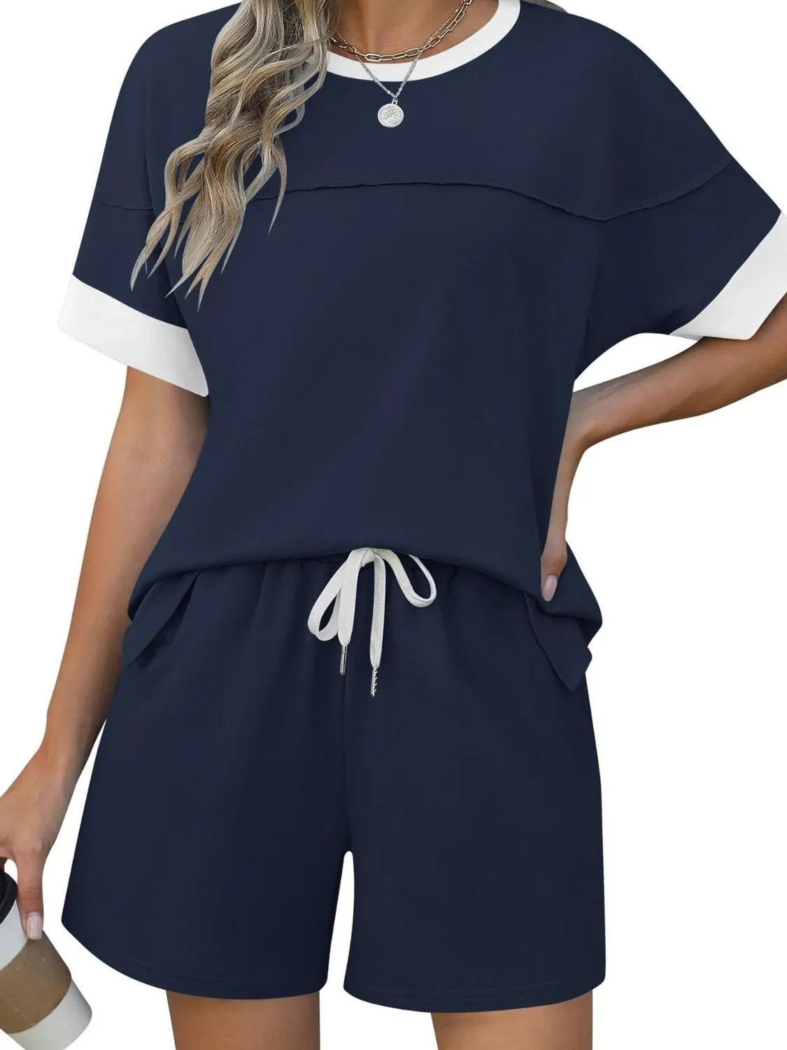Round Neck Short Sleeve Top and Shorts Set Dark Blue 4e1d55c4-de86-416e-934d-be54f7234dcb-Max-Origin