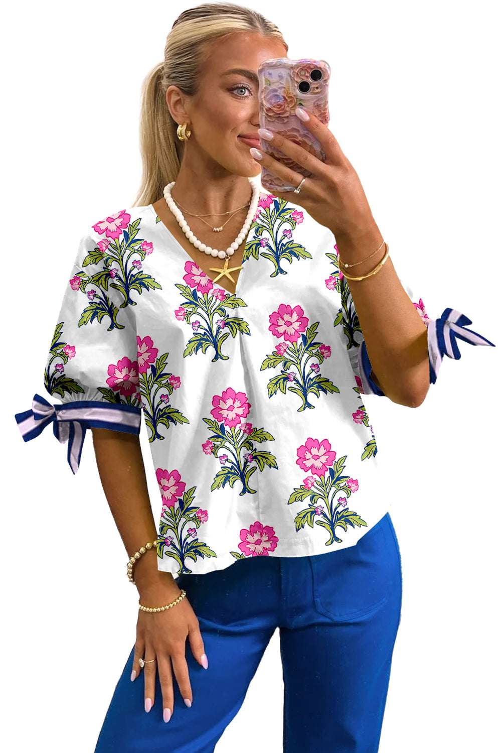White Floral Print Knot Bubble Sleeve V Neck Blouse 4e348c664ac93424-_4