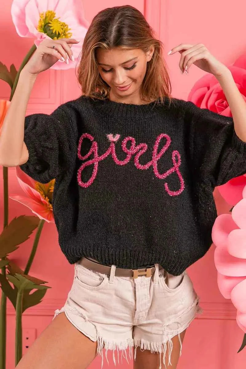 BiBi Metallic Letter Short Puff Sleeve Hairy Sweater