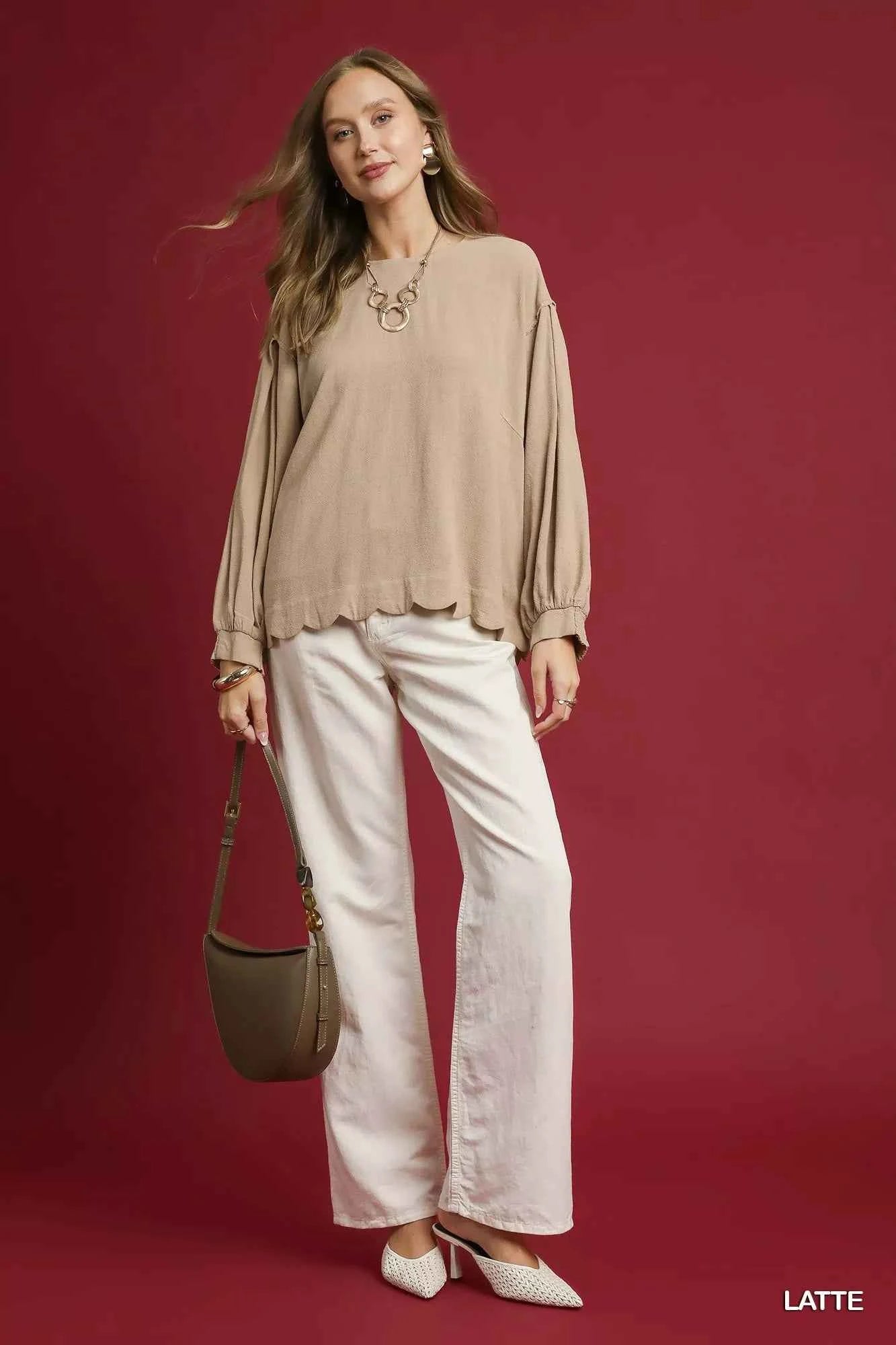 Umgee Linen Scallop Hem Long Sleeve Blouse