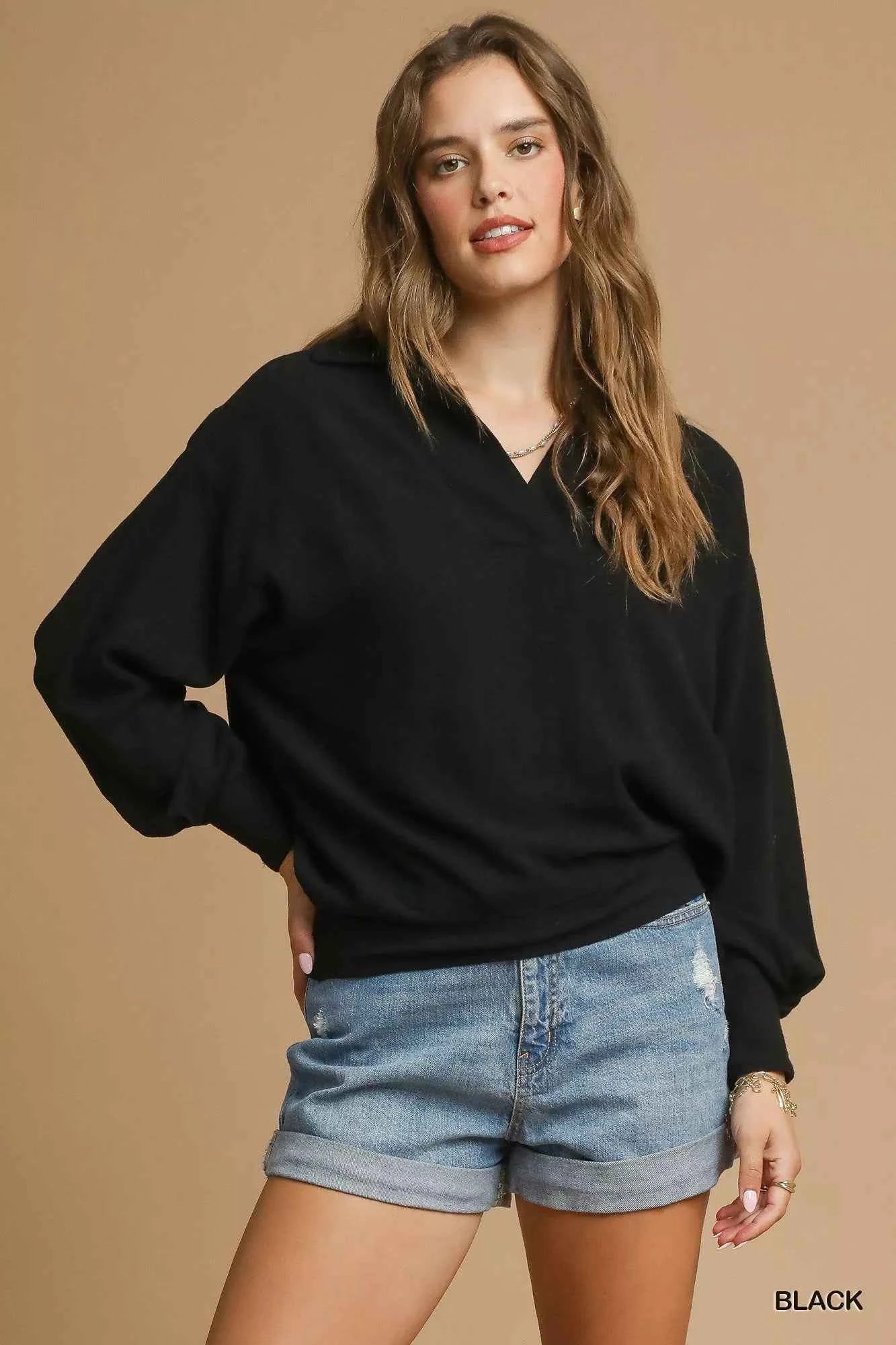 Umgee Linen Long Sleeves Elastic Hem Blouse Black 501537b7-e1ec-4736-a6a6-54c644077523-Max-Origin