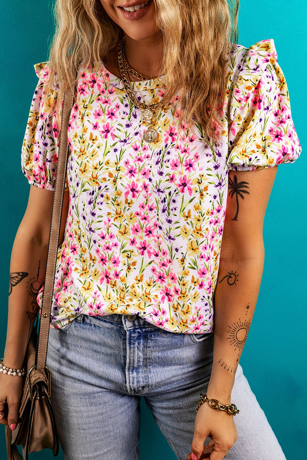 Pink Floral Puff Short Sleeve Crewneck Blouse Pink 50358b2270d40f13
