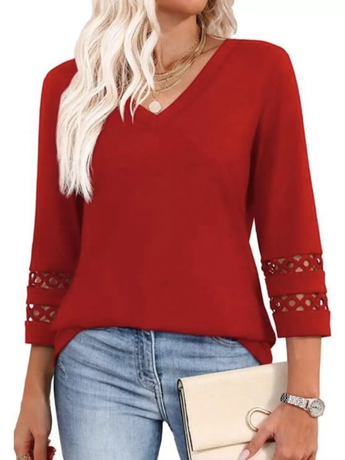 Full Size V-Neck 3/4 Sleeve T-Shirt Plus Size Red 504e0173d3de423f9245d7be4adad780-Max-Origin