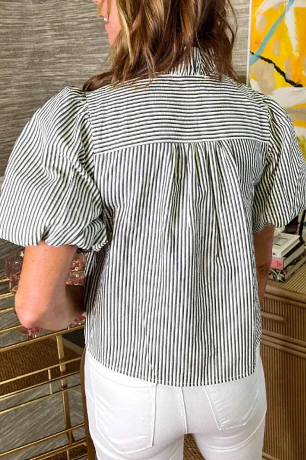 Striped Ruffle Short Bubble Sleeve Shirt
