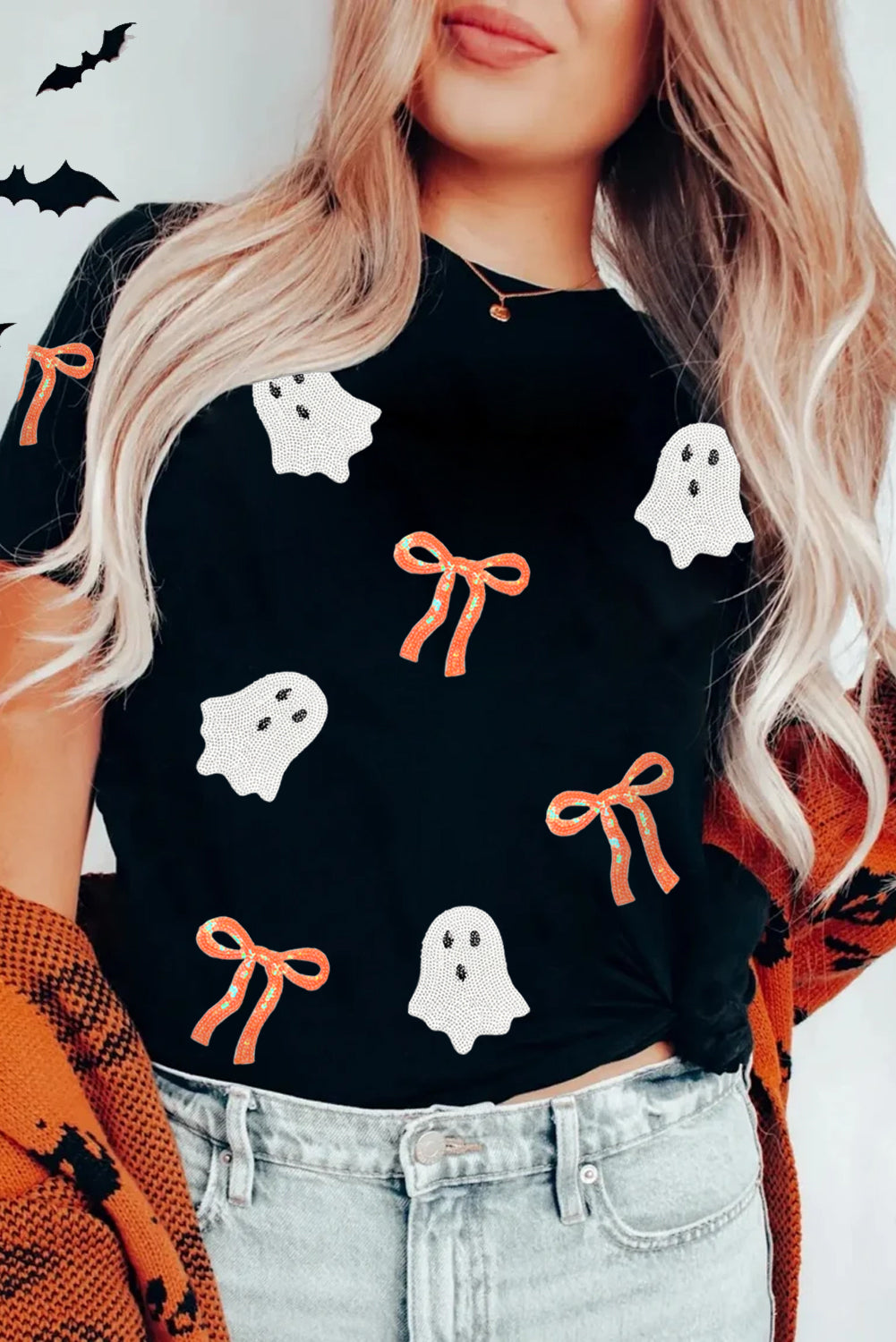 Black Bow Ghost Sequin Patched Halloween Graphic Tee Black 62%Polyester+32%Cotton+6%Elastane 5073d25ec284d933