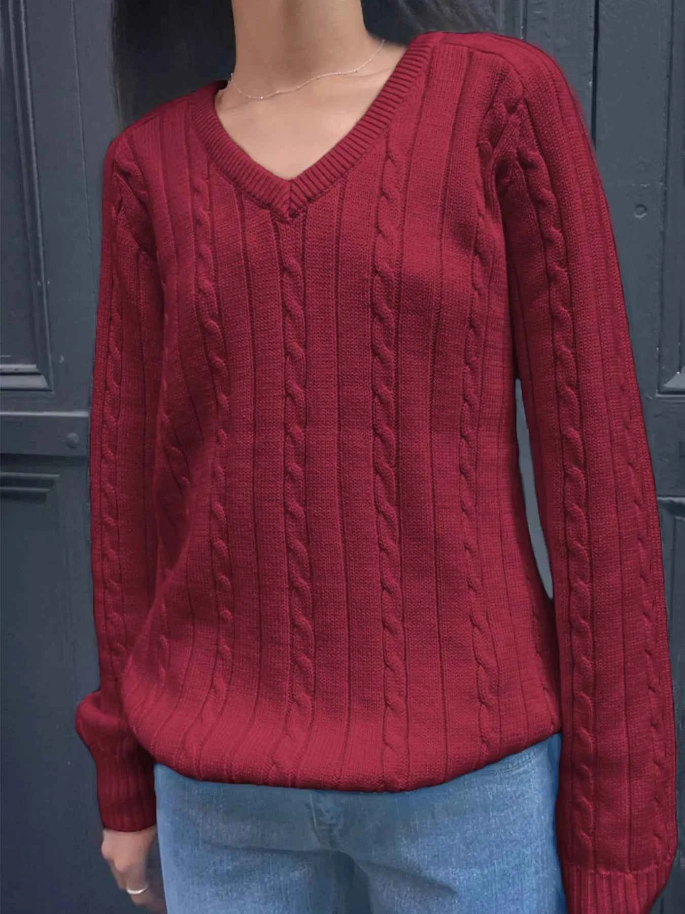 Cable Knit V-Neck Pullover Sweater Burgundy 5176c330015b4c28b8c717f9ecf2ddec-Max-Origin