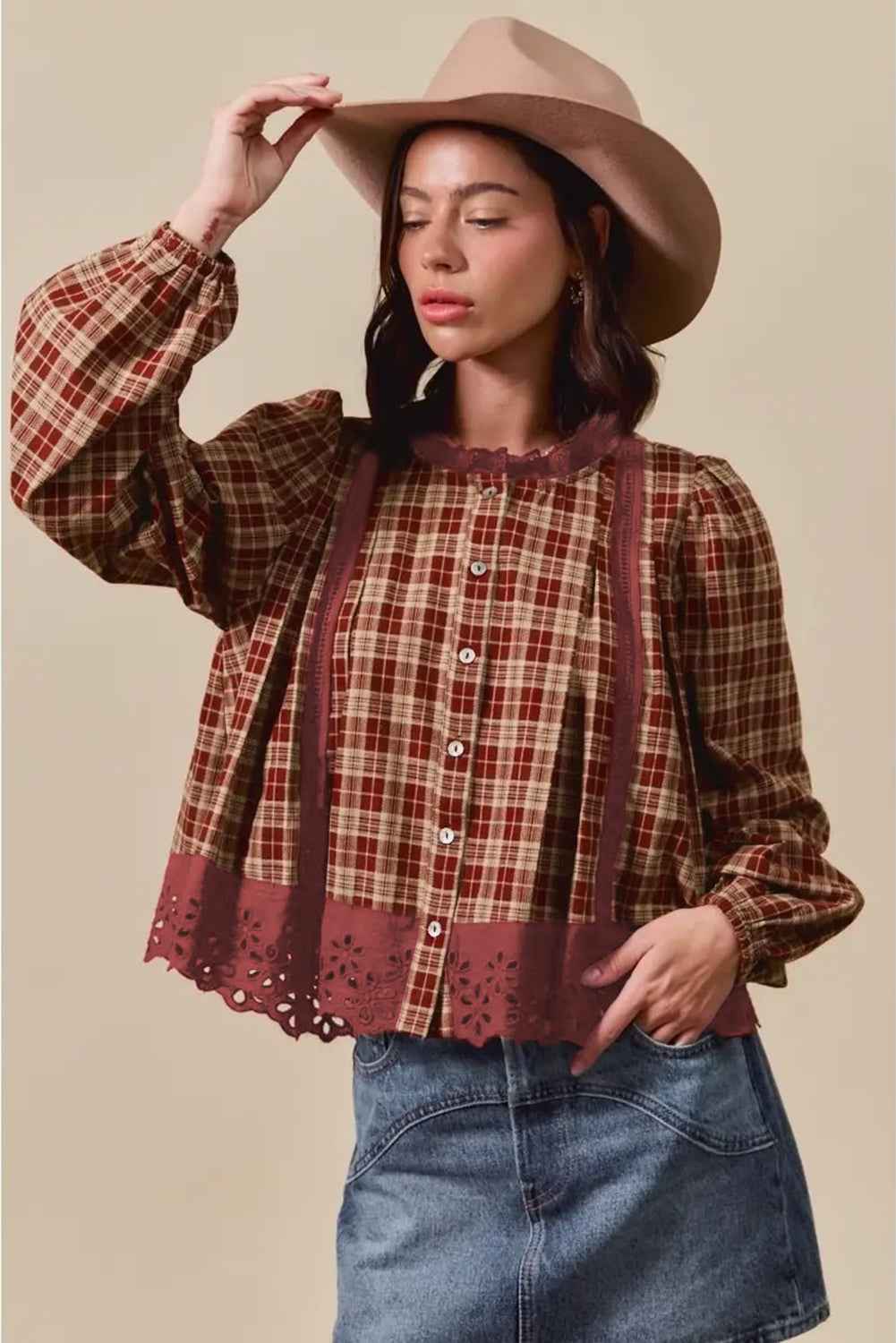 Red Dahlia Plaid Lace Hem Button Down Shirt 51791c4603190514