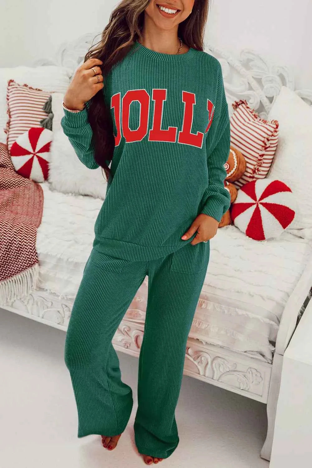 Jolly Christmas Top and Drawstring Pants Set Dark Green 5241a3f2-76f0-4549-9060-6258b04d7cbb-Max-Origin