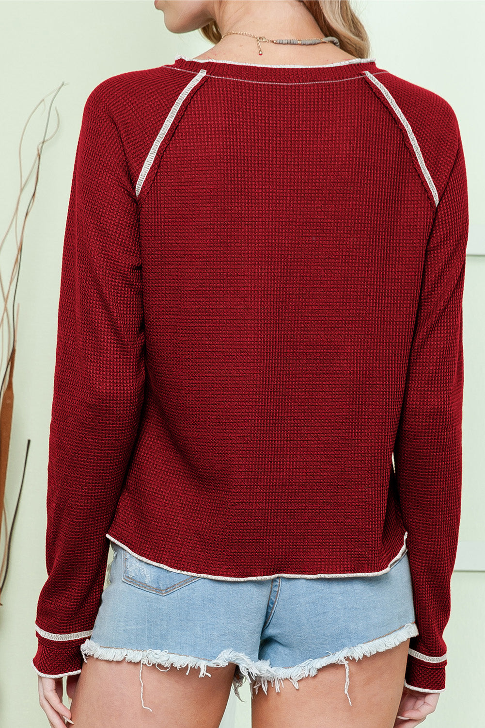 Red Exposed Seam Textured Pullover Long Sleeve Top 524ae2ab410c78ed
