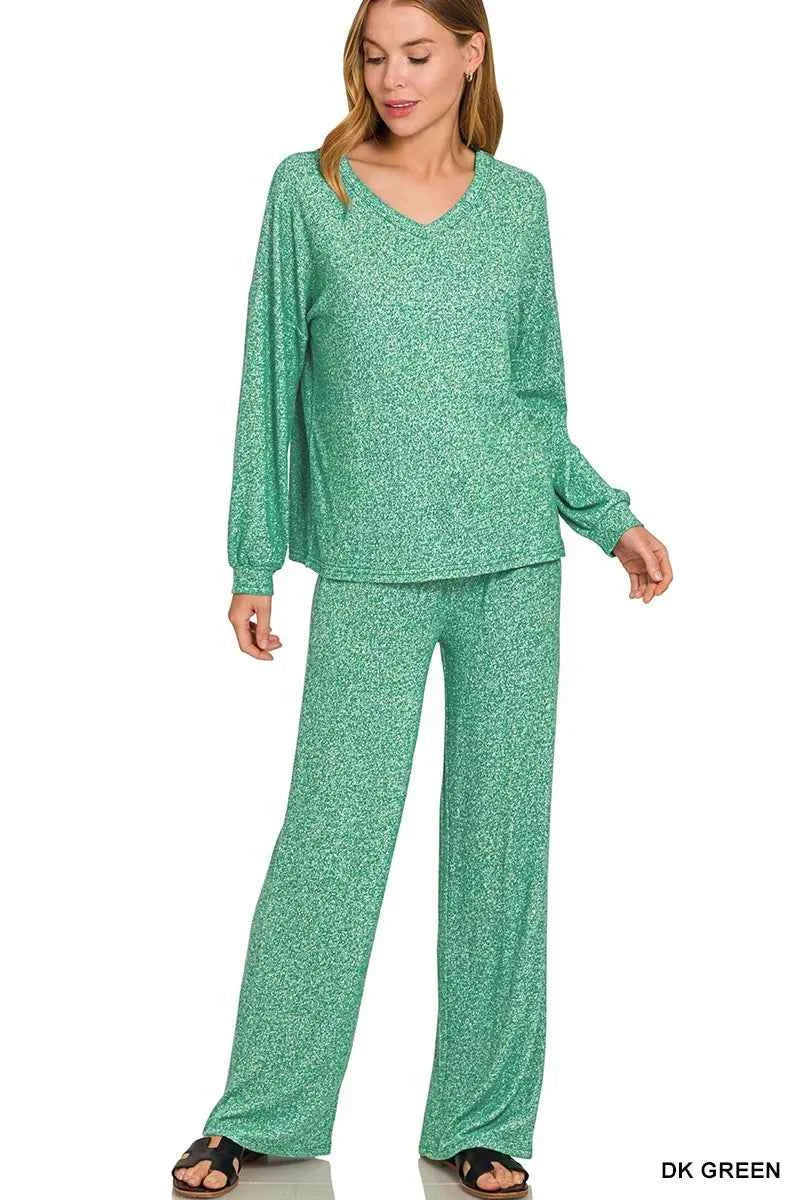 Zenana Soft Melange Long Sleeve Tee & Pants Set DK GREEN 5294443f26064949b4f6371d33a1ef04-Max-Origin