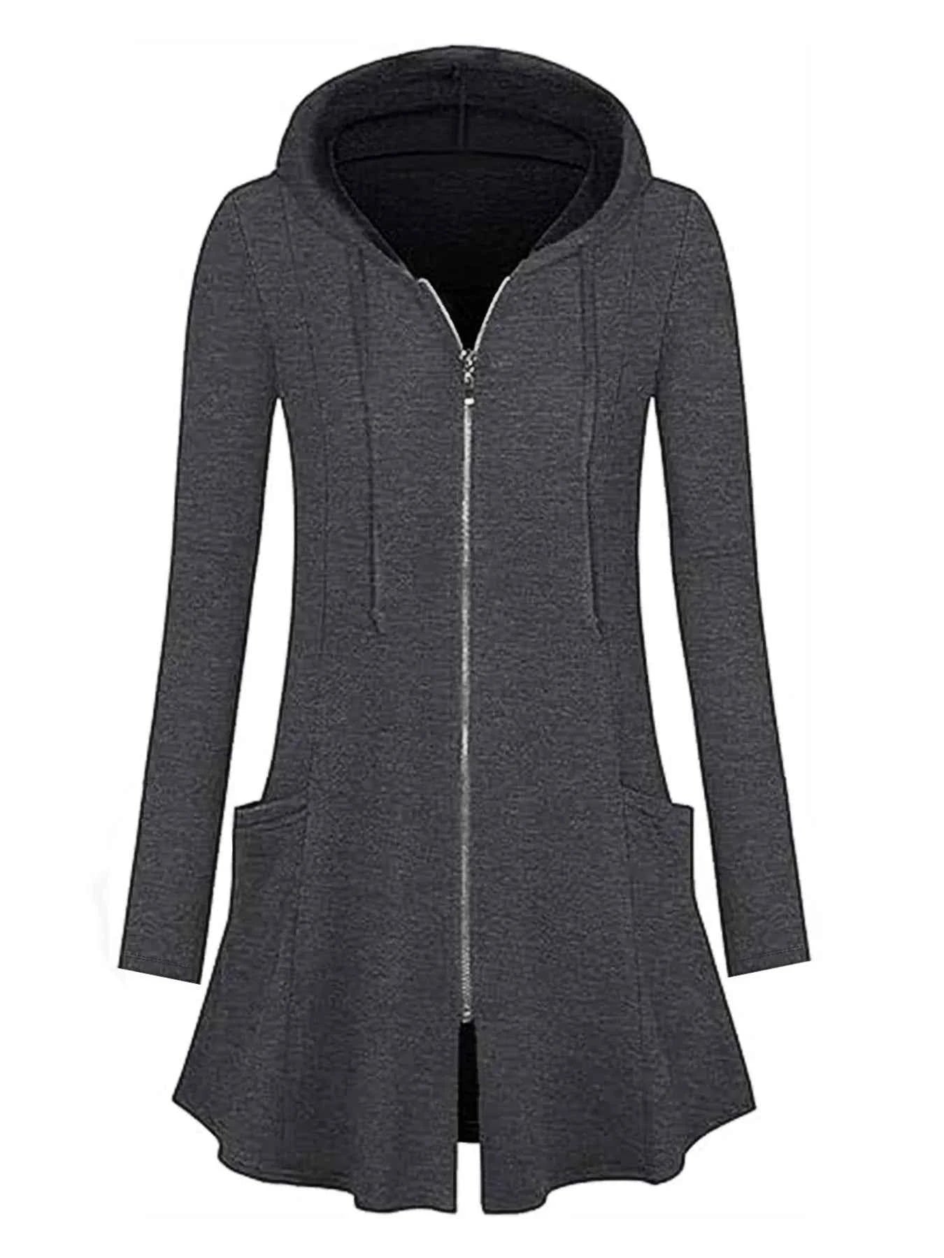 Longline Hooded Zip-Up Cardigan Coat with Flared Hem Gray 535abf692ef3477c87e32fb495bbfd98-Max-Origin