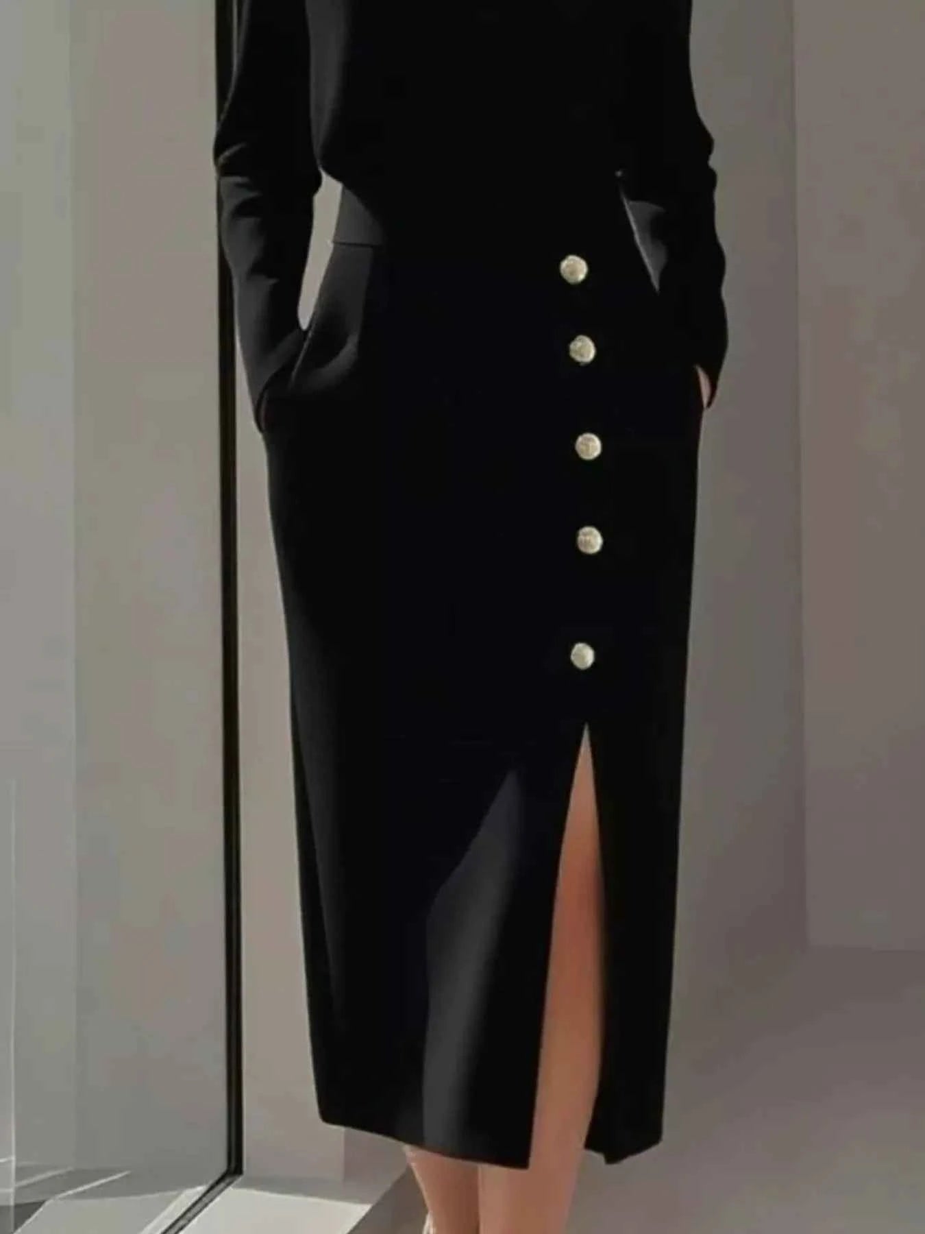 Long Sleeve Button Detail Midi Dress with Side Slit 540489a2-7324-473b-a4c0-3fc0be2e3403-Max-Origin