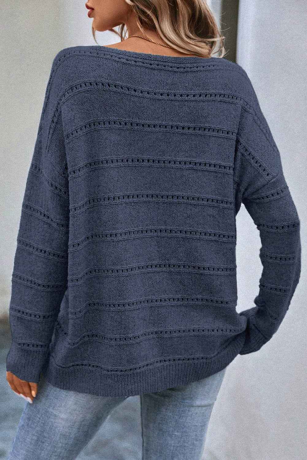 Real Teal Boat Neck Drop Shoulder Pointelle Knit Sweater 543742acc91ef5be