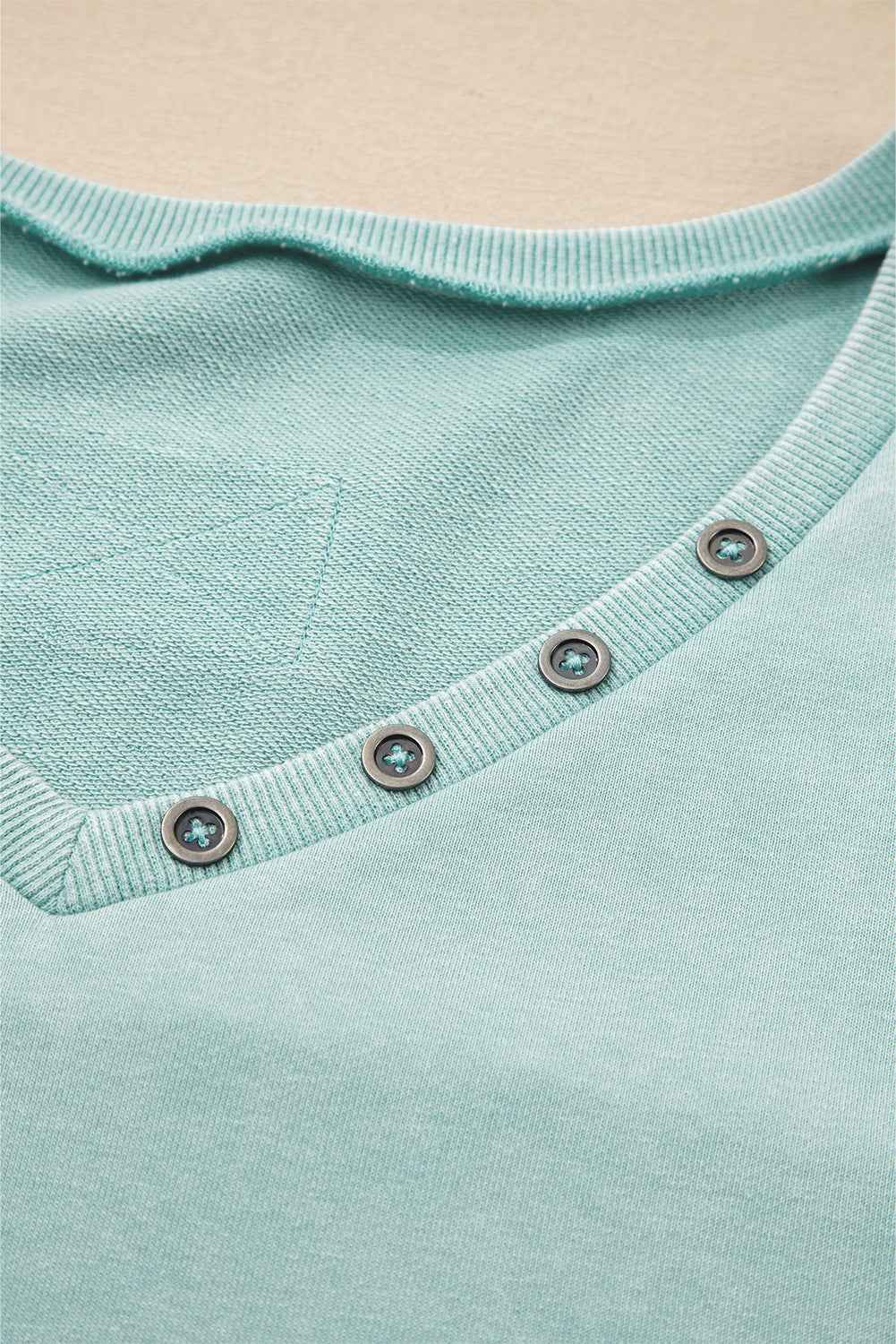 Mist Blue Mineral Wash Exposed Seam Buttoned V Neck Pullover Top 54d74e6f91ce53f7