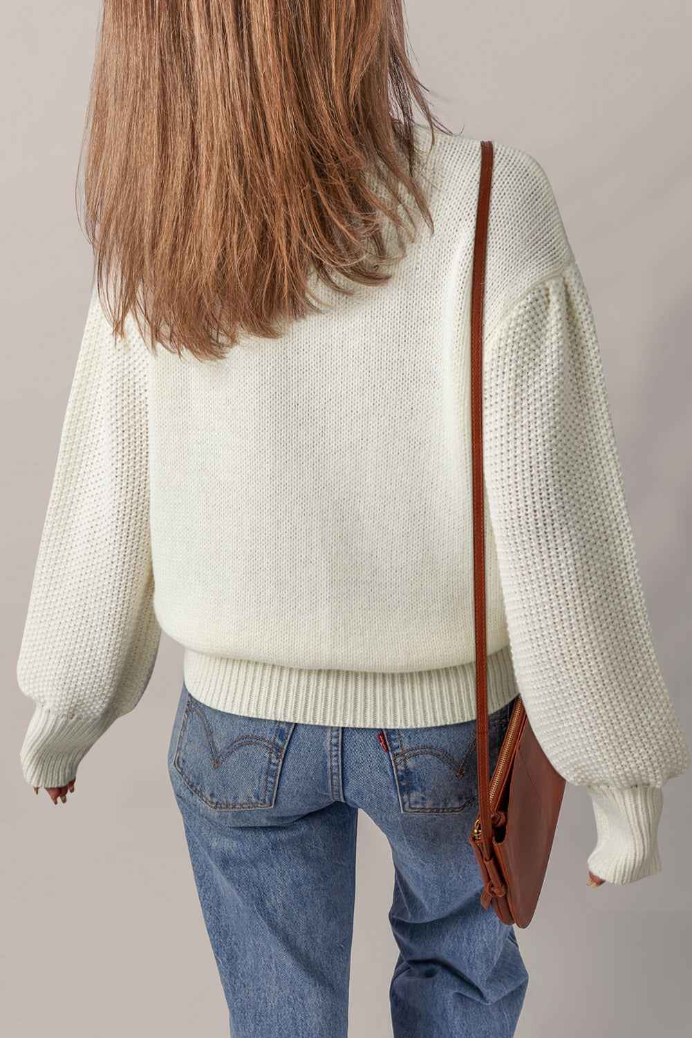 White Flower Detail Round Neck Contrast Textured Puff Sleeve Sweater 5557ee3812980157