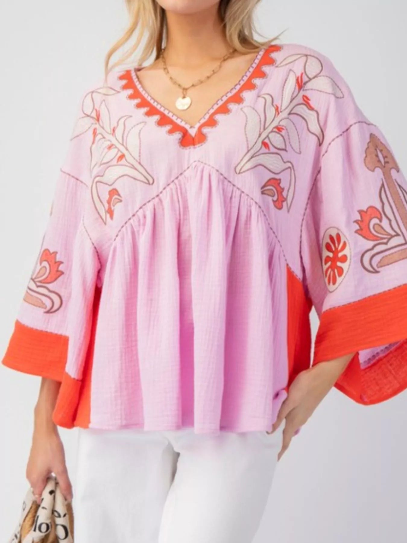 Printed V-Neck Top with Contrast Trim Details Pink And Red 557ef156-d3eb-4172-8849-95f5da02a60f-Max-Origin