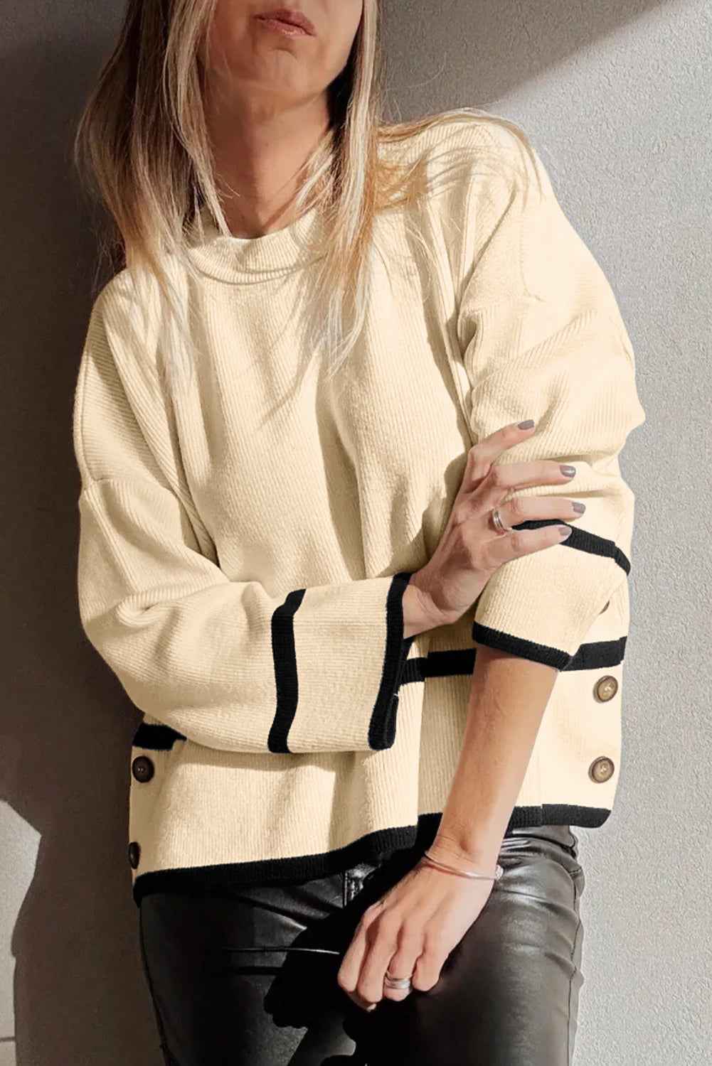 Beige Ribbed Knit Contrasted Stripe Detail Button Side Loose Sweater