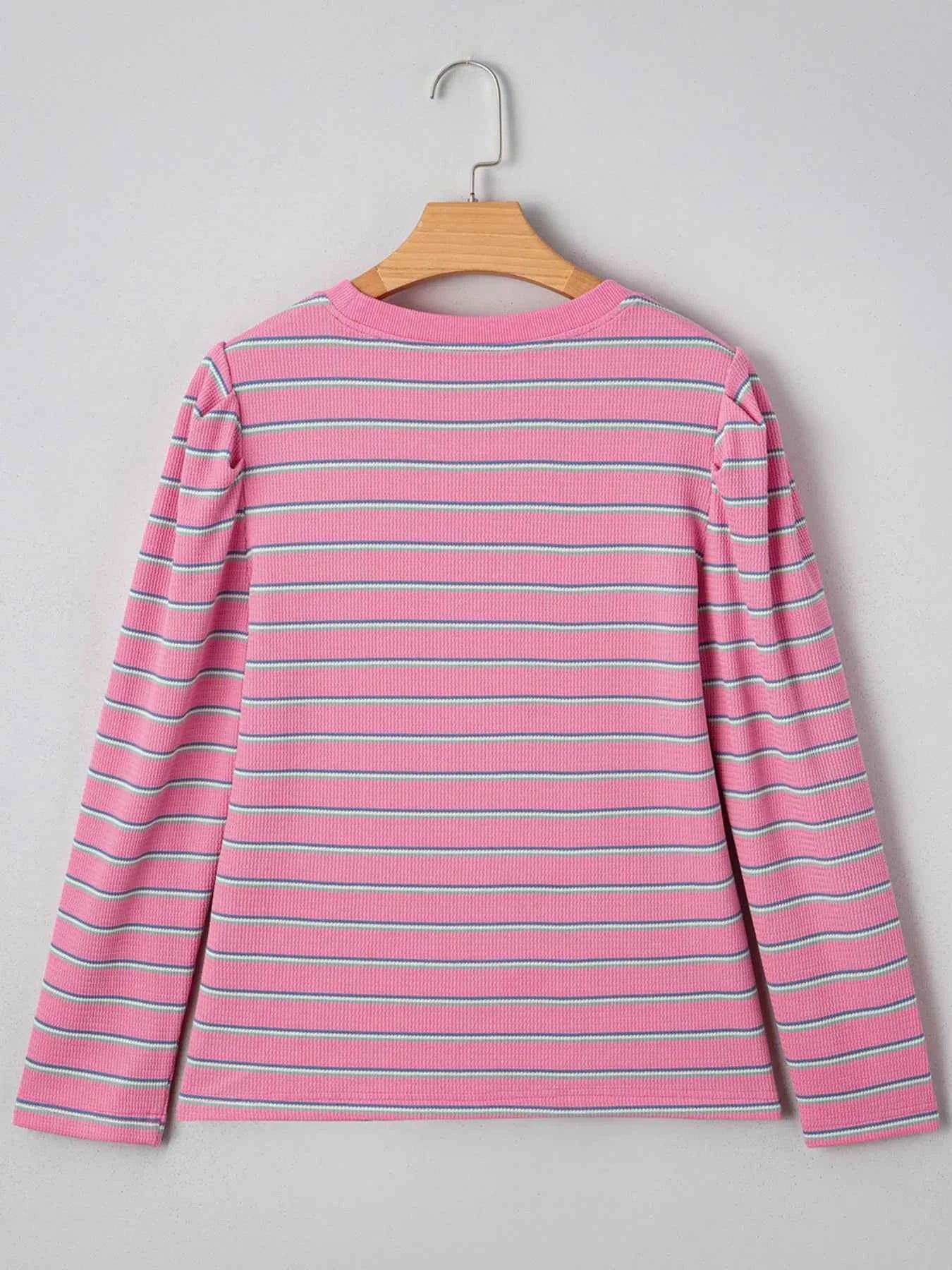 Stripe Textured Knit Round Neck Long Sleeve Top 55cc7e764ee2442b955d234ab7e19889-Max-Origin