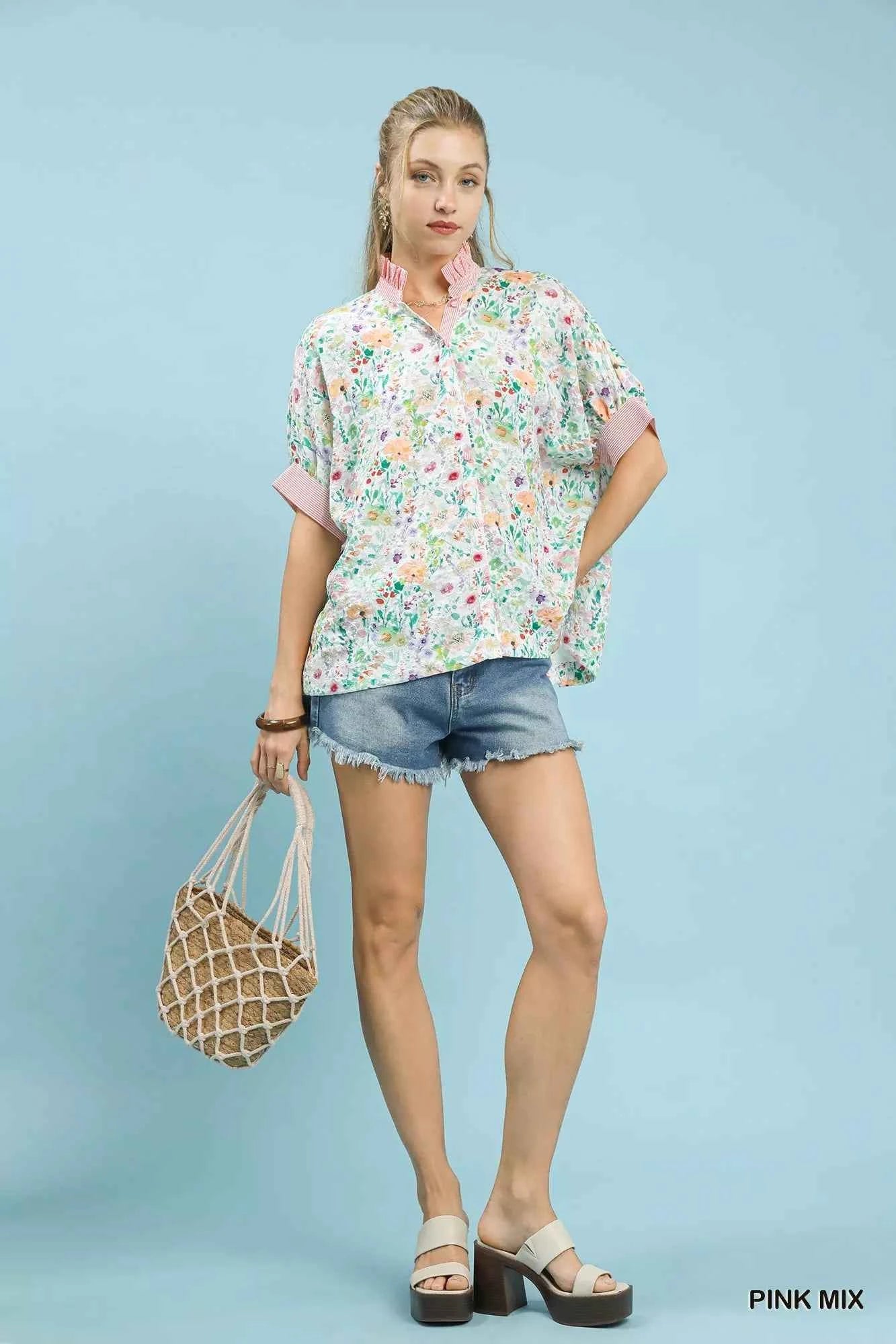 Umgee Jacquard Floral Print Button-Down Shirt