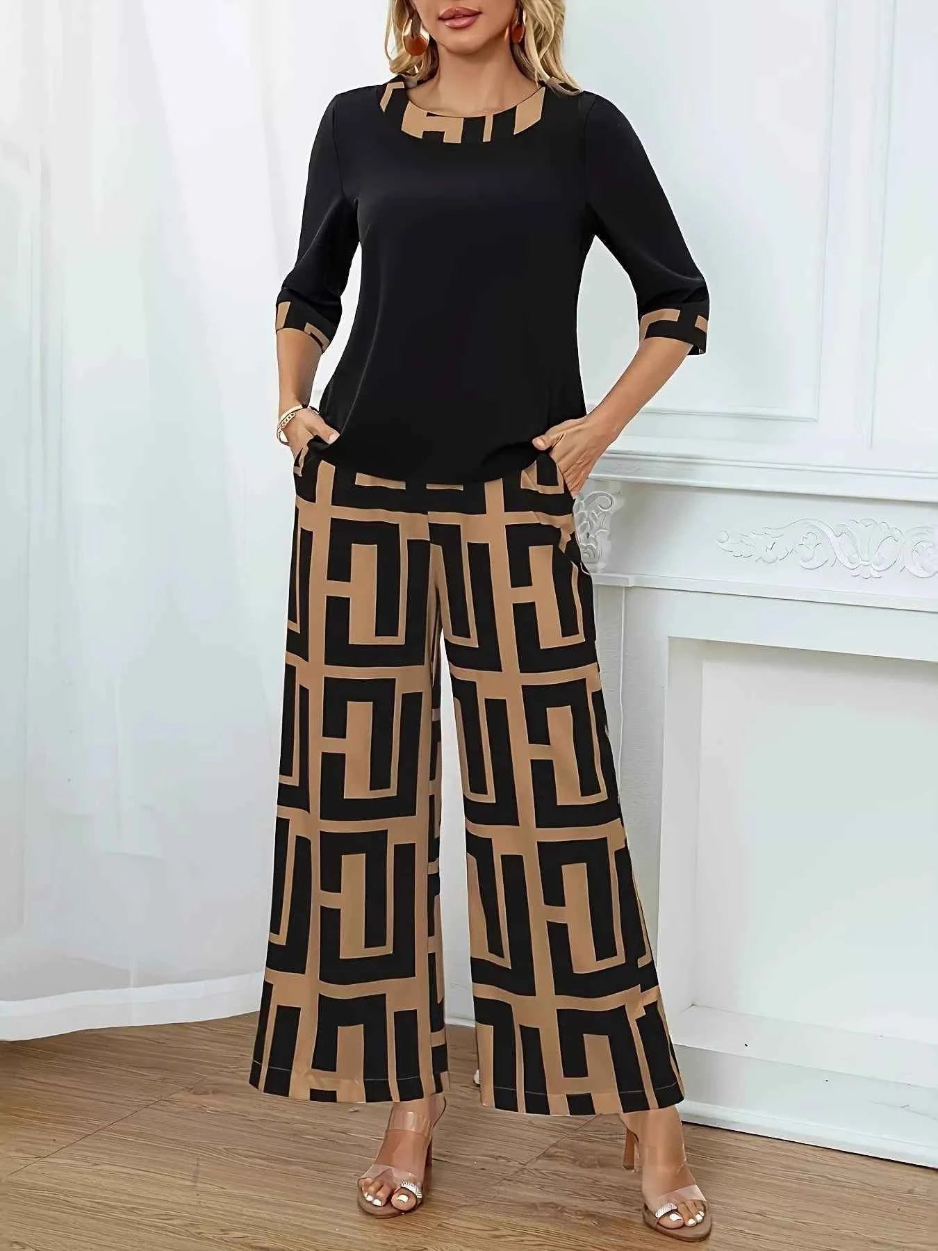 Round Neck Top and Wide Leg Pants Set Khaki 562dfd50d69047eba368d747e0b3963d-Max-Origin