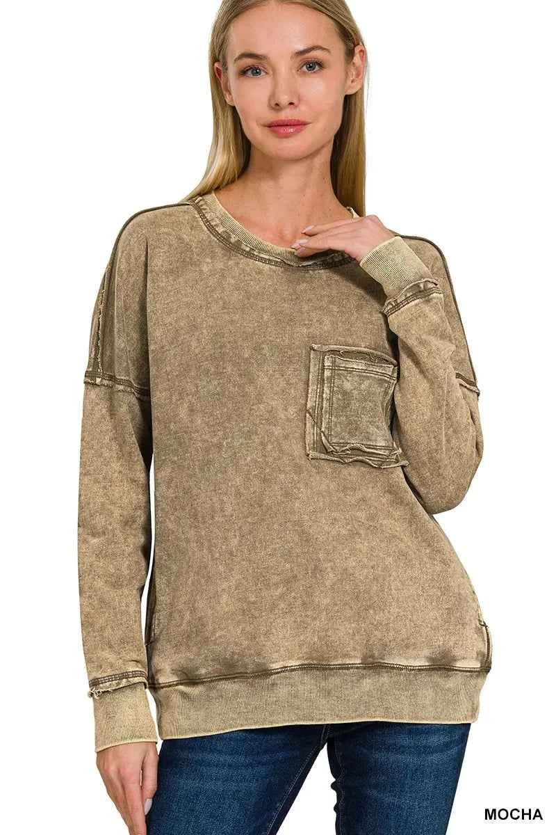 Zenana French Terry Washed Raw Edge Front Pocket Pullover