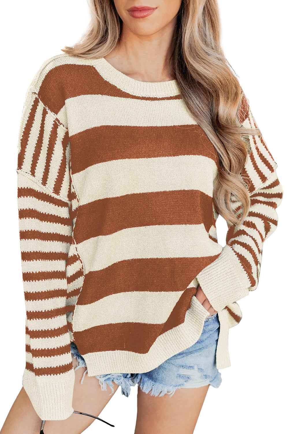 Brown Stripe Drop Shoulder Sleeve Patchwork Baggy Sweater
