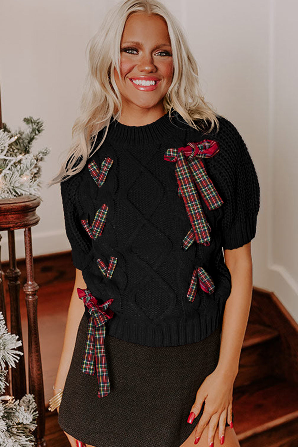 Fiery Red Plaid Lace-up Detail Christmas Holiday Puff Short Sleeve Sweater