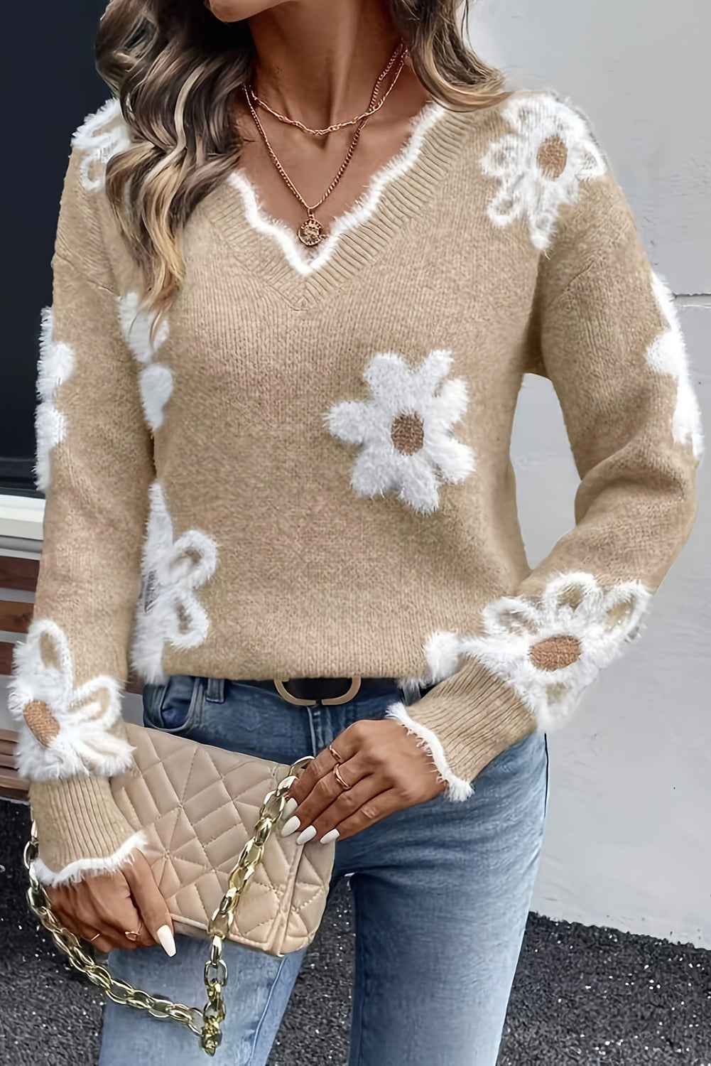 Seagrass Jacquard Floral Scallop V-neck Sweater Smoke Gray 100%Polyester 573fa1e36a0fa3e1