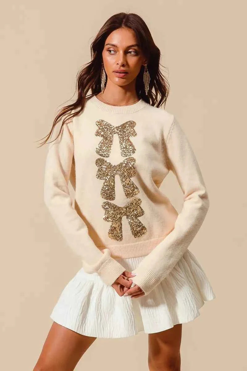 SO ME Sequins Bow Ribbon Embellished Christmas Sweater CREAM GOLD 5770037d223044649dbf6938a2771155-Max-Origin