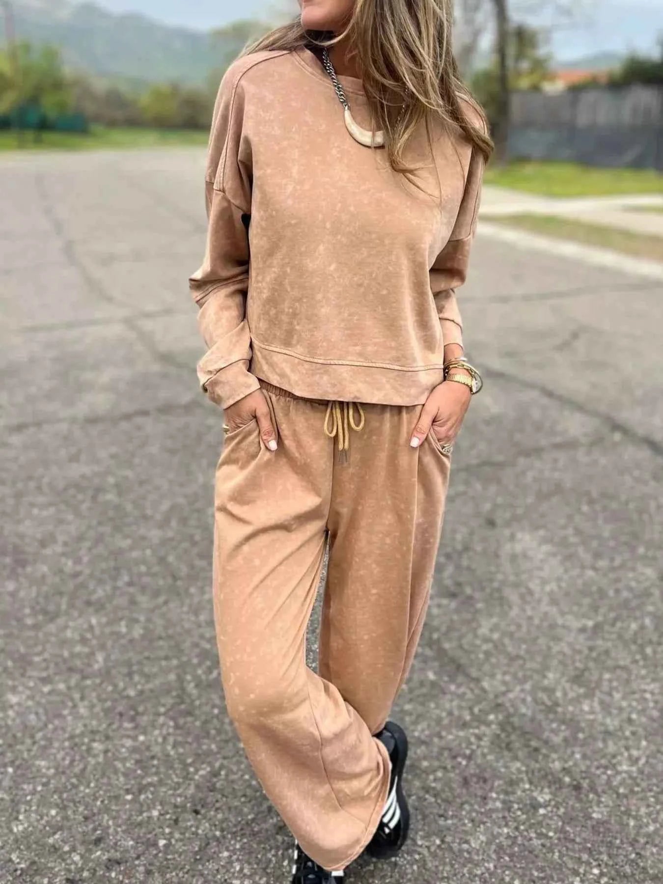 Full Size Washed Round Neck Top and Drawstring Pants Set Plus Size Khaki 57ddf59f-7a71-40ee-971f-cb72dd93d144-Max-Origin