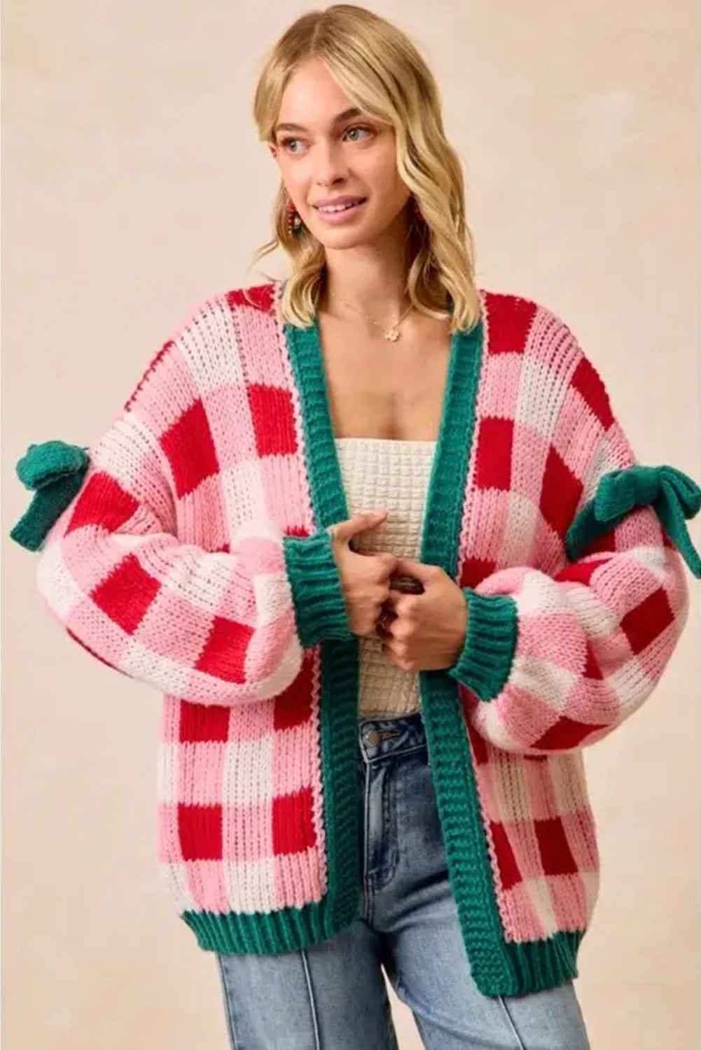 Pink Colorblock Checkered Open Front Knit Cardigan 58800718f0a39973