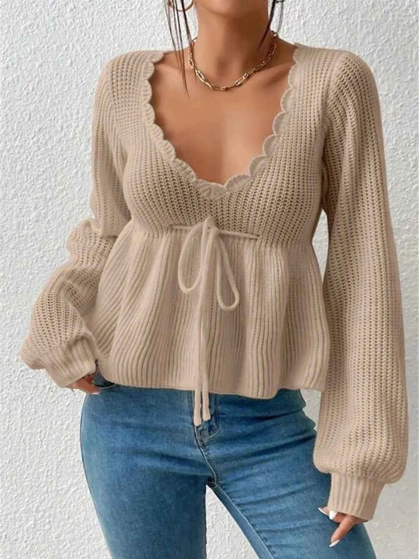 Scalloped V-Neck Drawstring Knit Top Mocha 58b554e7b9904ee7848069e890aeeaea-Max-Origin