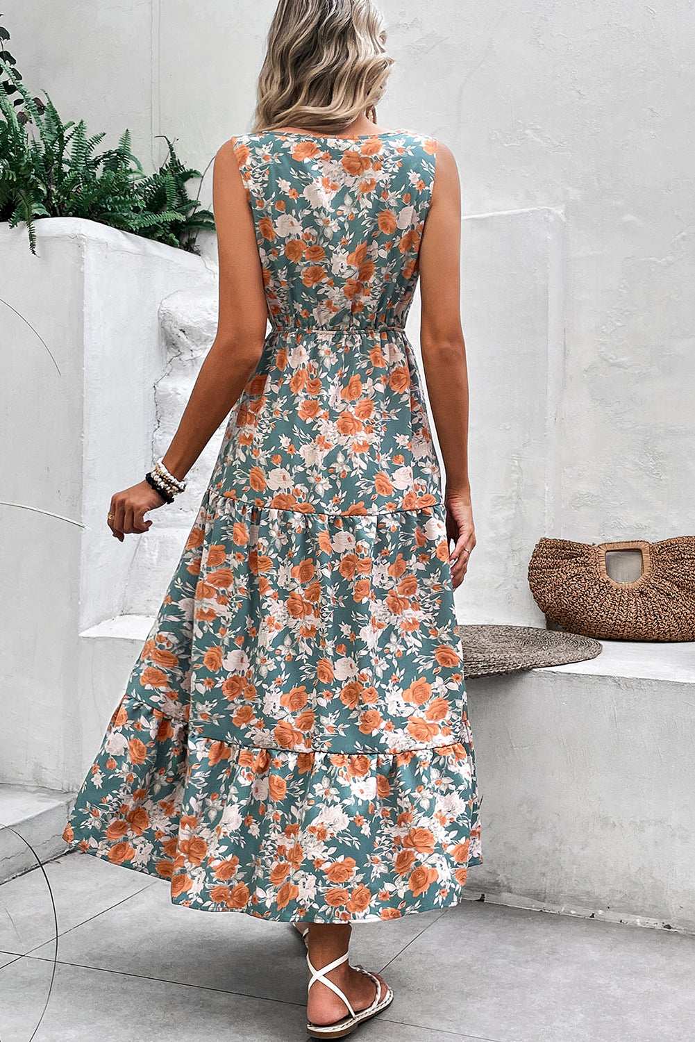 Green Floral Print Trimmed V Neck Sleeveless Vacation Dress 590215622b184722-_2