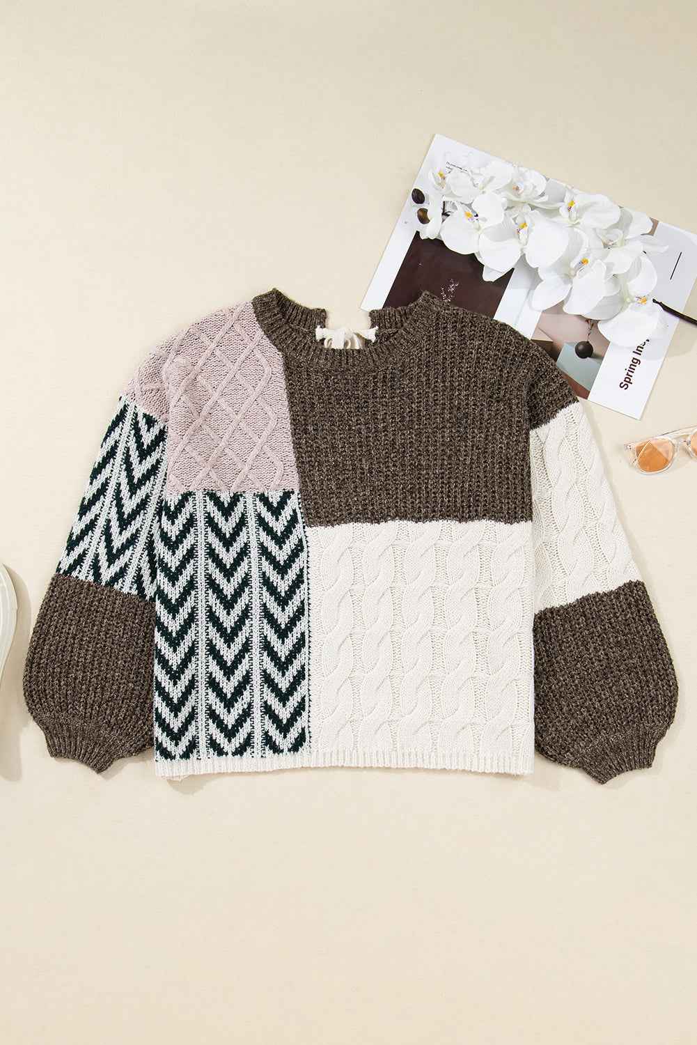 Brown Plus Size Color Block Patchwork Knotted Back Loose Fit Sweater 59c5a2b47537634f