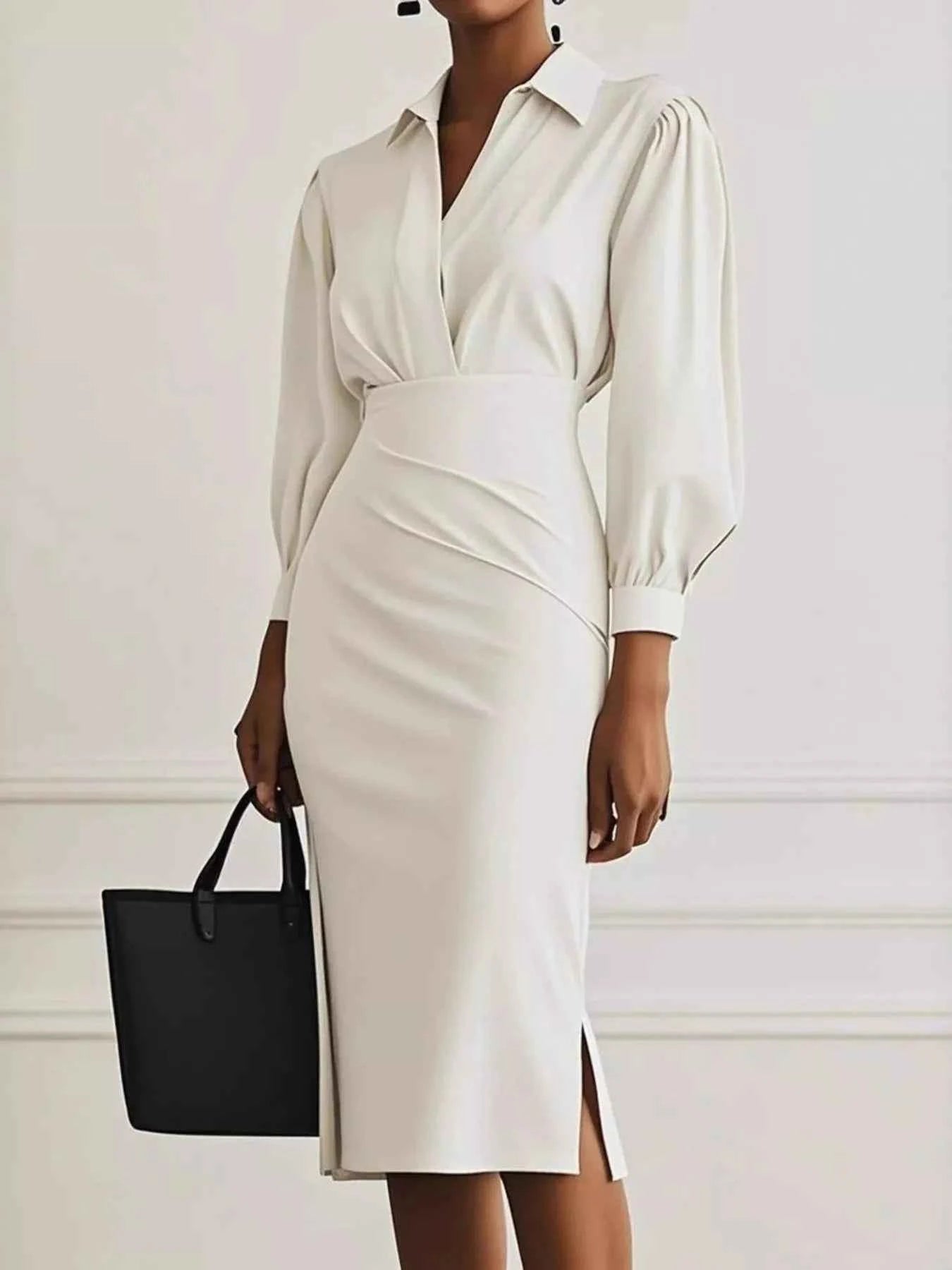 Ruched Midi Shirt Dress with Side Slit Off-white 59dacaaf-989a-445e-9994-48060d23042c-Max-Origin