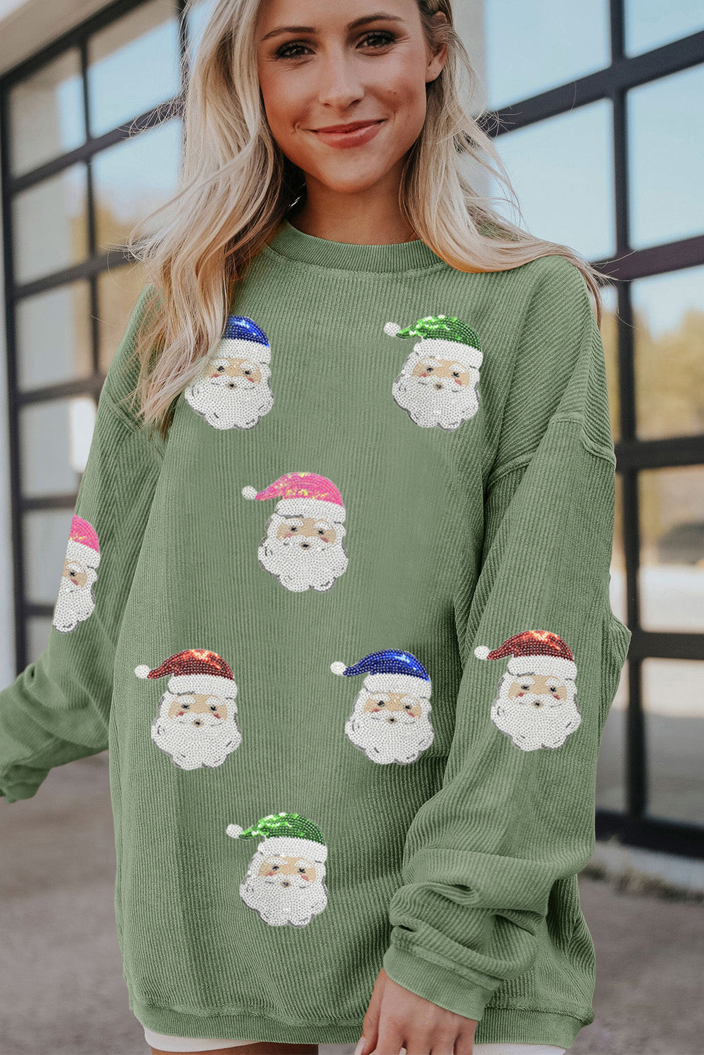 Grass Green Corded Ribbed Santa Claus Graphic Sequins Patch Sweatshirt 5a03c84b3d01bb18