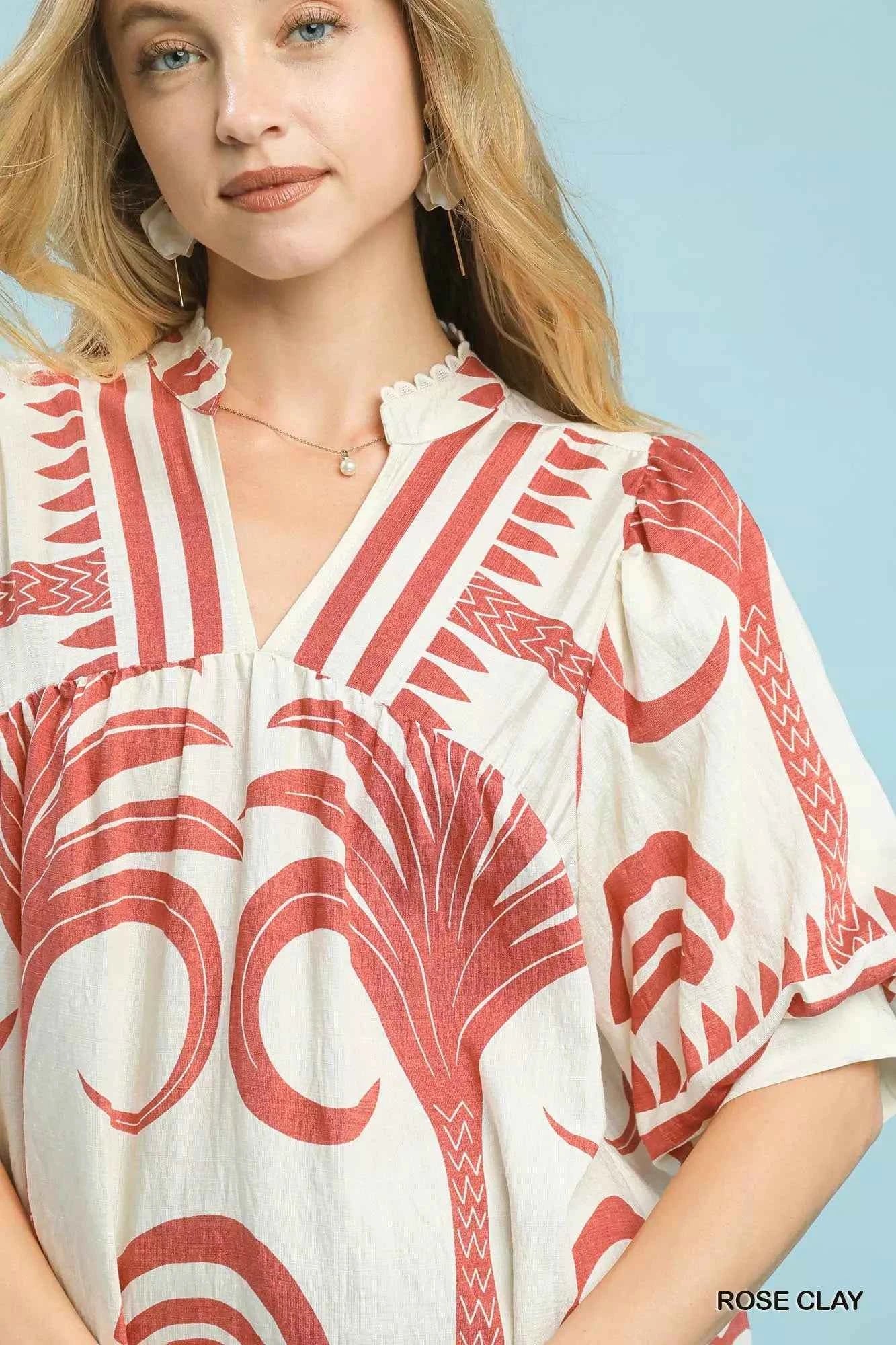 Umgee Folk Art Palm Print Puff Sleeve Blouse