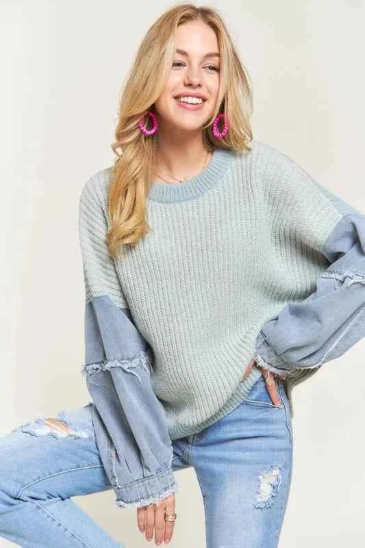 ADORA Plus Size Frayed Denim Sleeve Sweater Top BLUE 5a48caea-6cc0-4356-b5aa-3ec703851ff1-Max-Origin