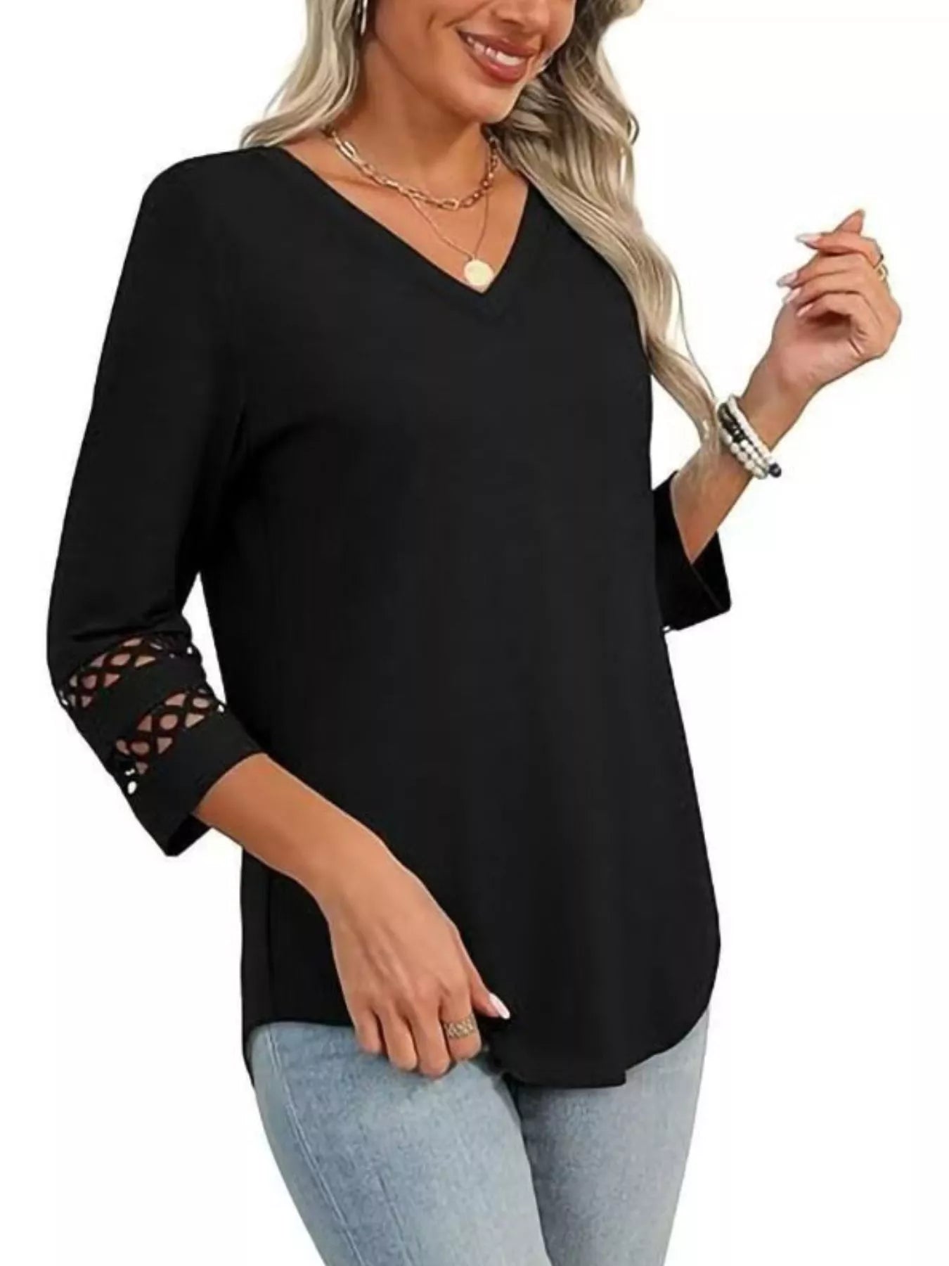 Full Size V-Neck 3/4 Sleeve T-Shirt Plus Size Black 5a77e5a8-a527-4eb4-bfac-d6b73e1c8453-Max-Origin