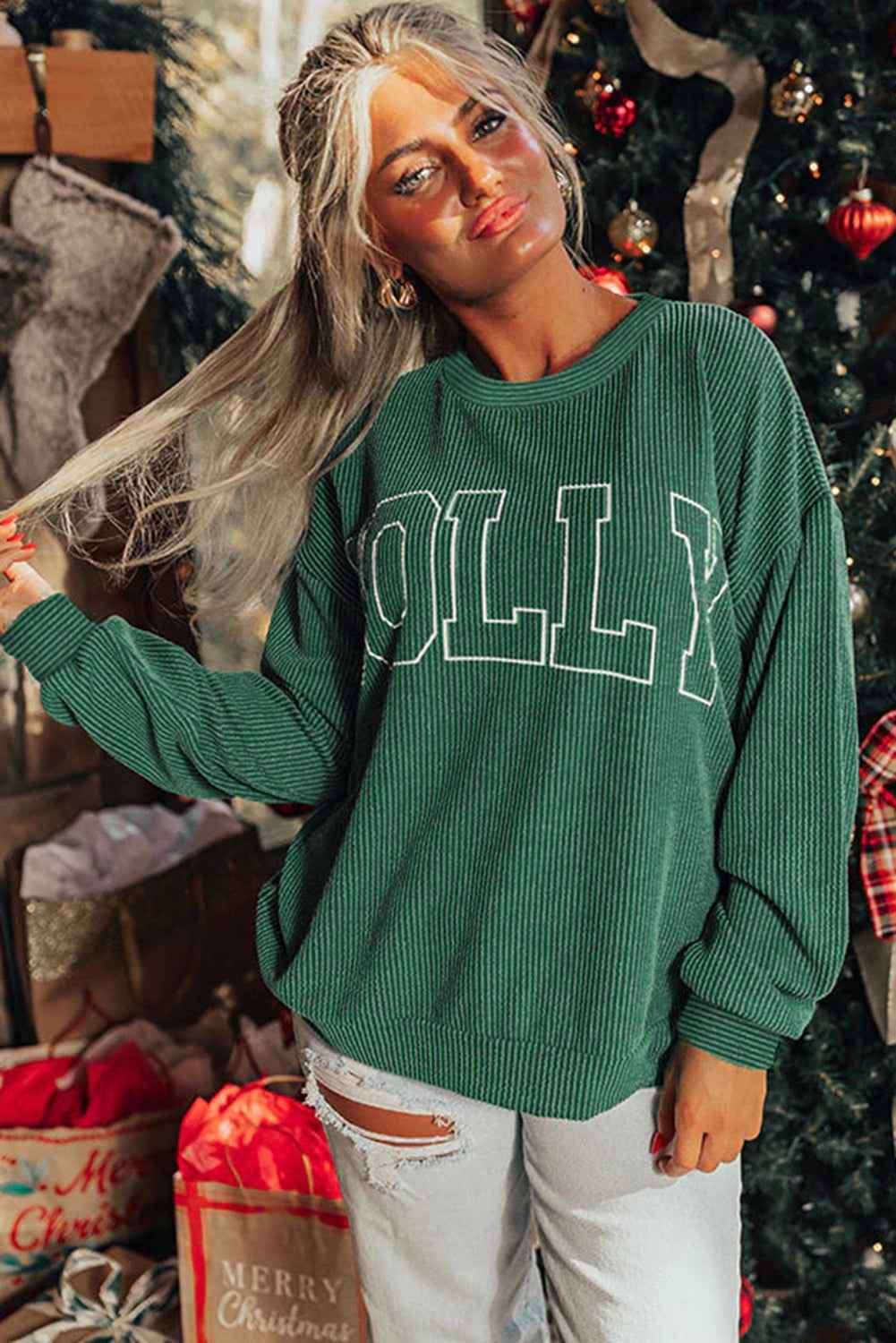 Evergreen Twisted Rib Merry Letter Graphic Loose Long Sleeve Top 5af91f8c1eb69199
