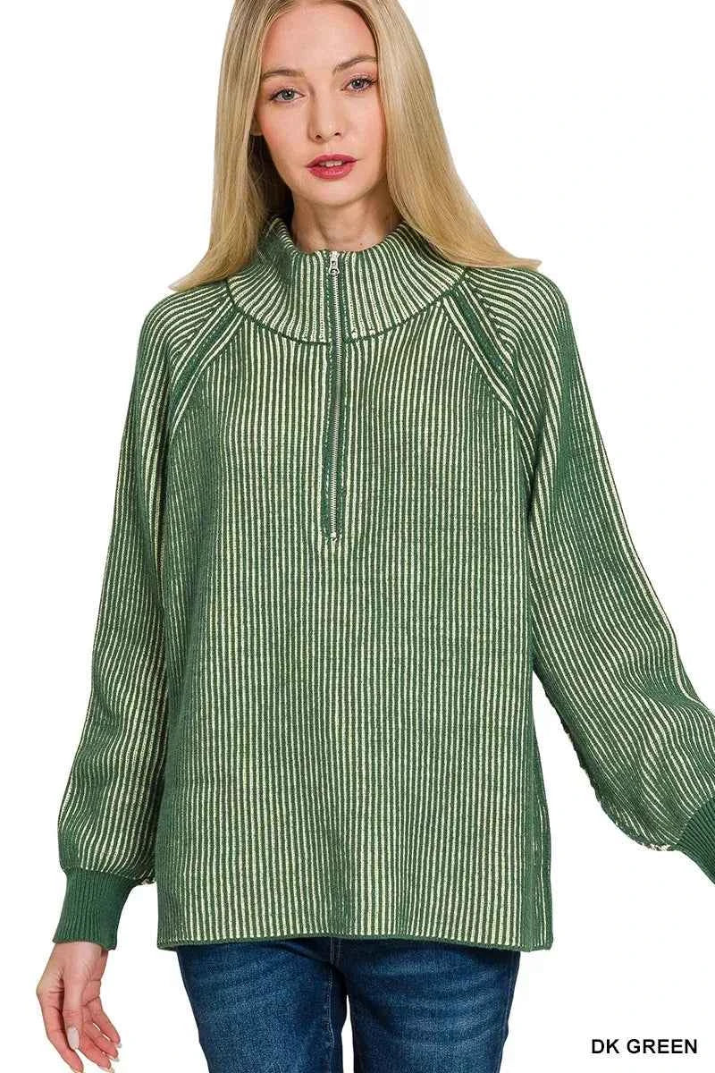 Zenana Ribbed Two Tone Half Zip Sweater DK GREEN 5b5e2cefa9174116b454819f3c20f3dc-Max-Origin