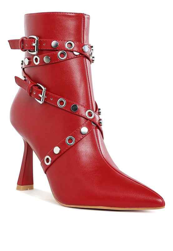 Jacinta Slim Flared Heel Strappy Boots Red 5b9a0329-b207-4e7a-b660-937eeb7dcc37
