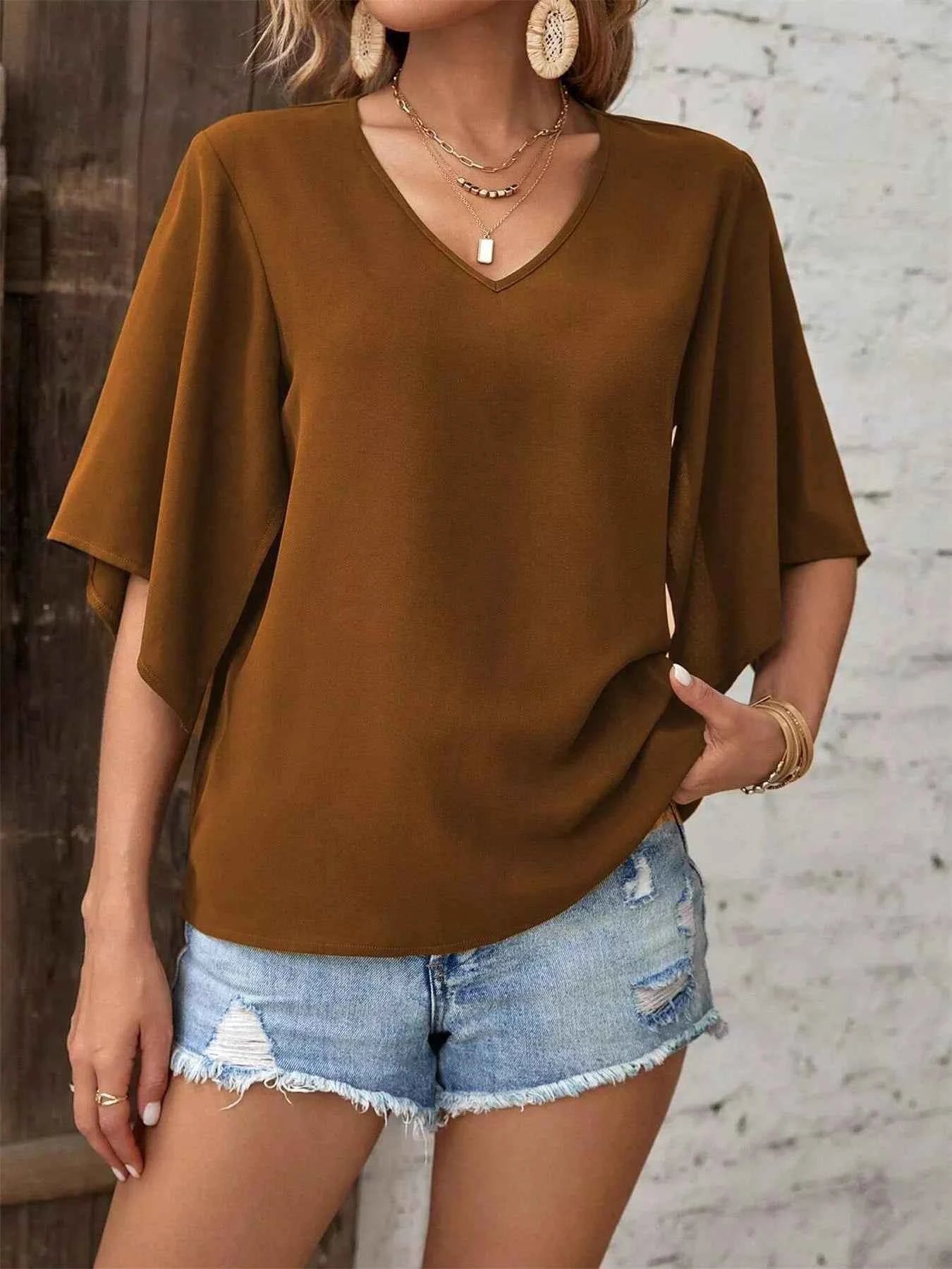 V-Neck Flutter Sleeve Blouse Dark Brown 5c475e0c391a498cb550fcea7fb36c14-Max-Origin