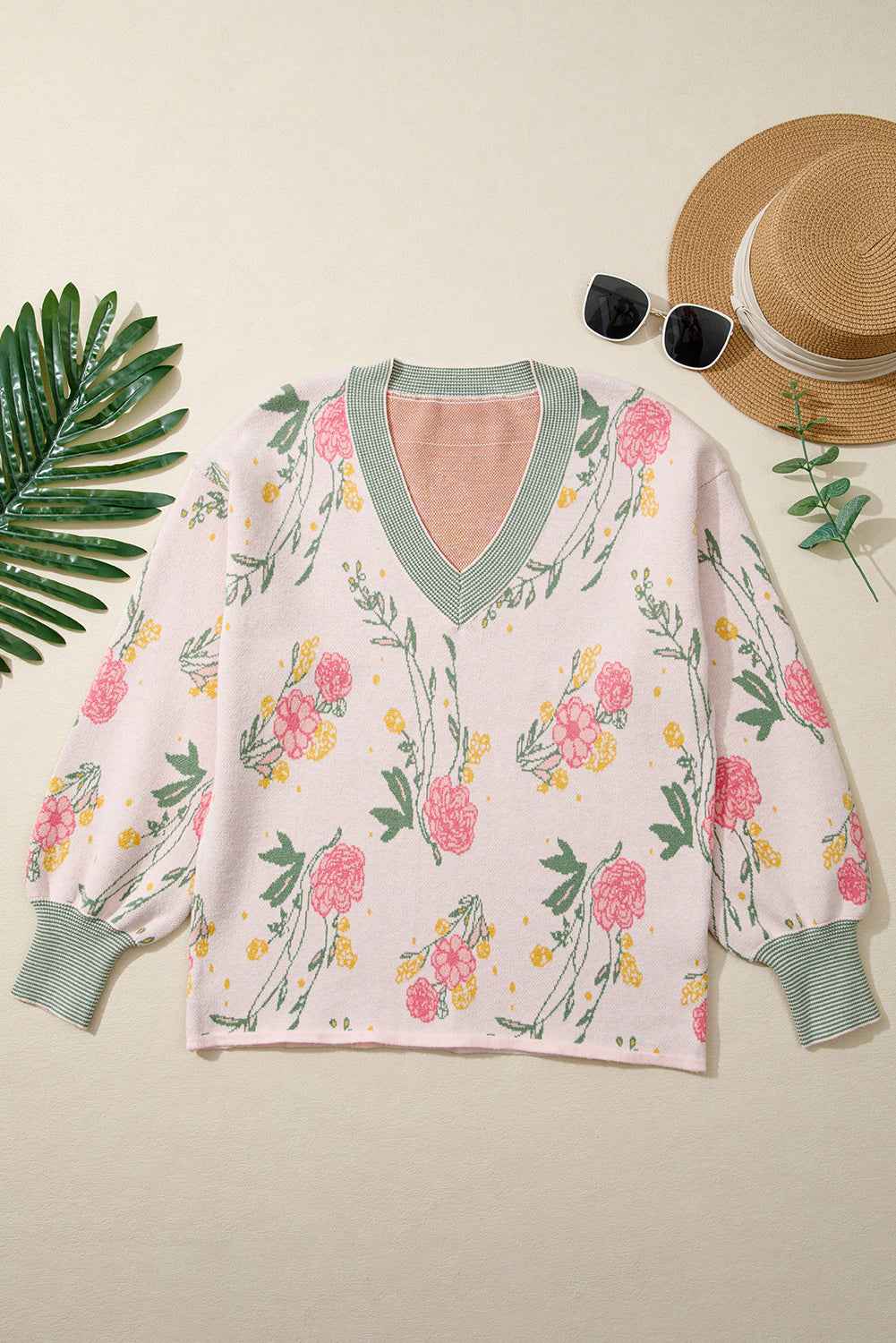 Pink Floral Striped Colorblock V Neck Loose Sweater 5c6a17702a584934